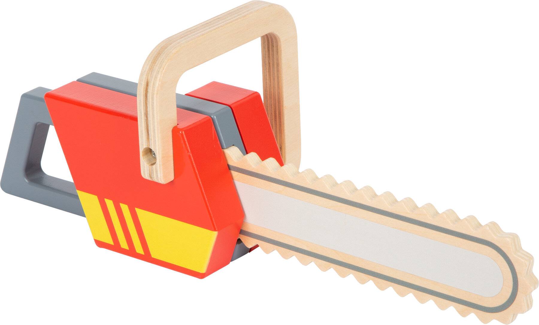 Eine Spielzeuggettesäge mit einem Holzgriff und einem roten Kunststoffgehäuse mit gelben und grauen Akzenten.