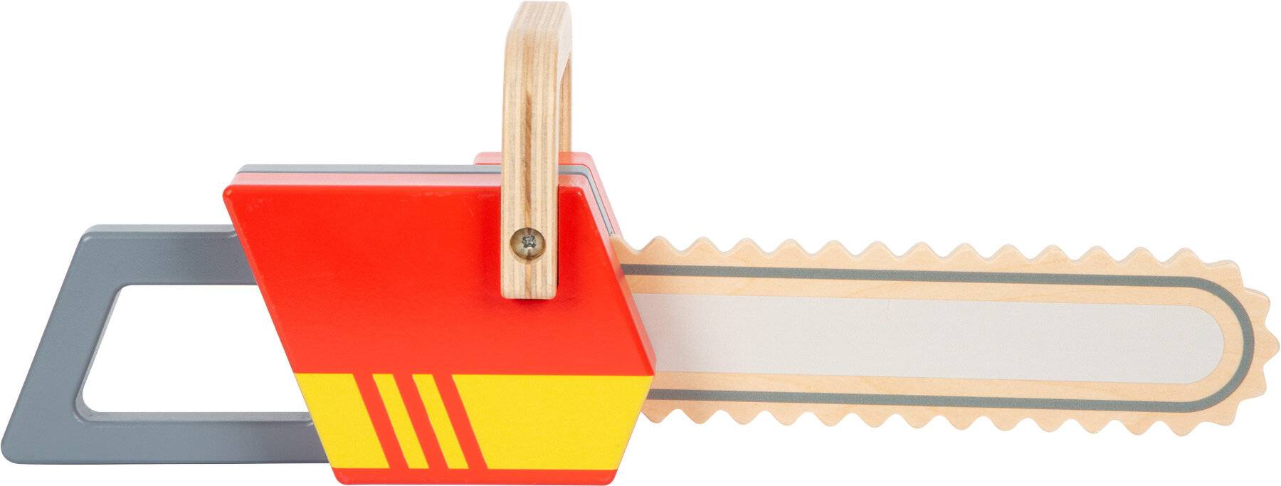 Eine leuchtend farbige Spielzeugsäge mit Holzgriff und Zackenblattt, entworfen für Kinder und suggeriert sicheres fantasievolles Spiel.