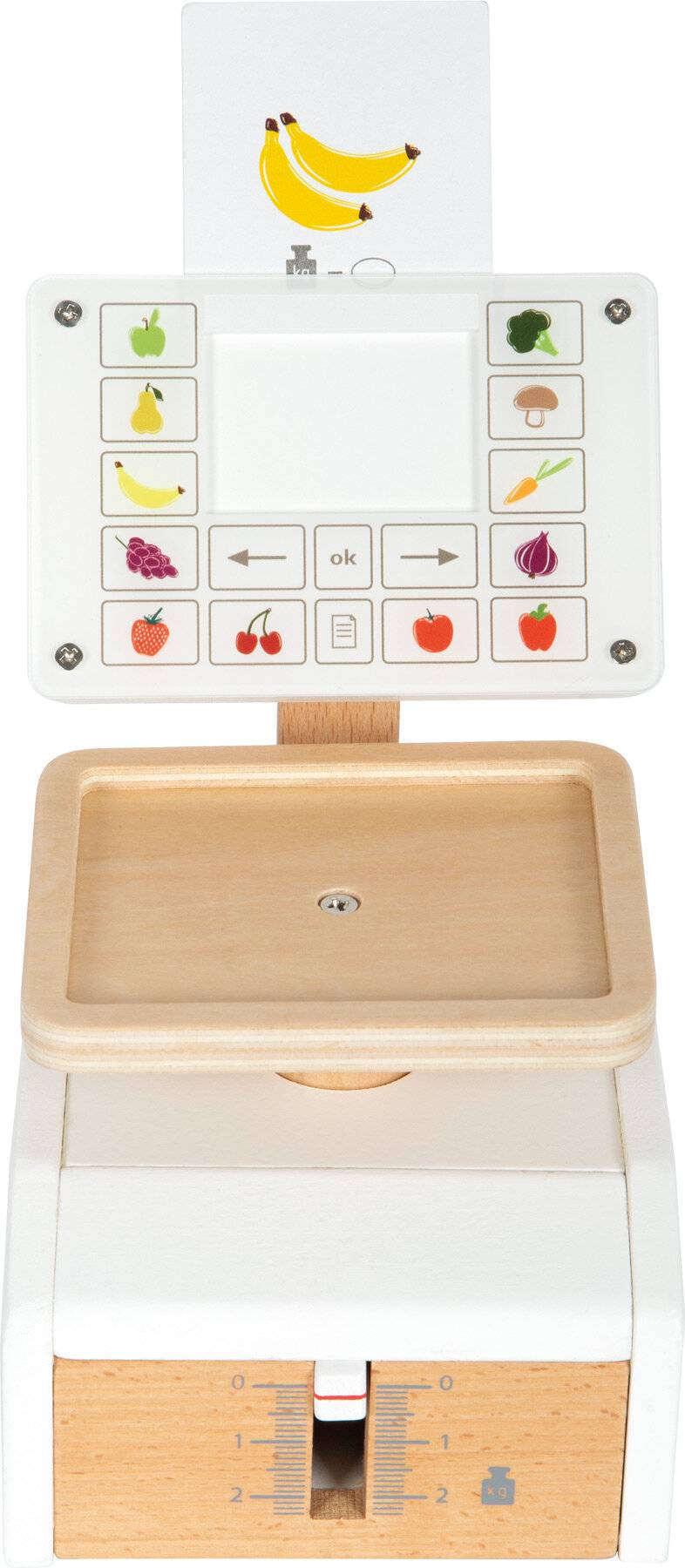 Holzspielwaage mit Obst- und Gemüsesymbolen, einschließlich Banane, Karotte, Trauben und Apfel, angezeigt über einer hölzernen Wiegeschale.