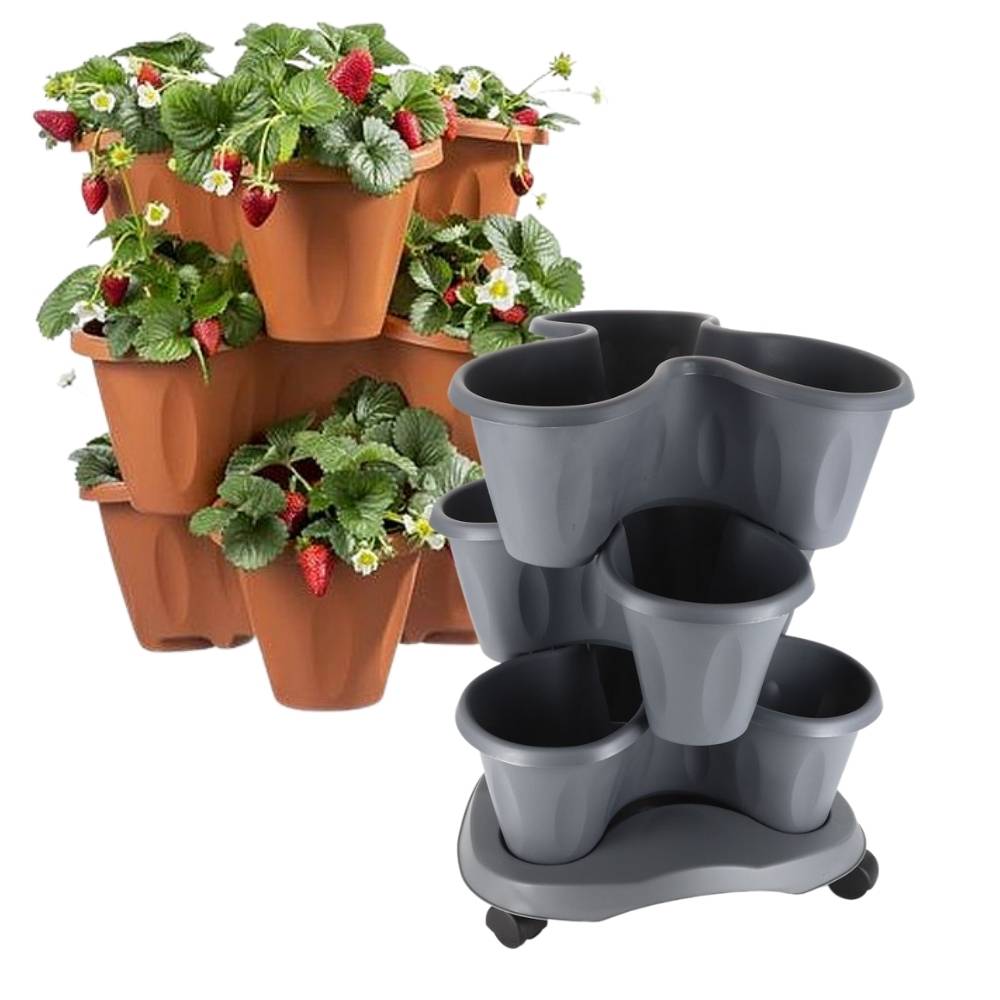 Pflanzturm Erdbeerturm Pflanzkübel auf Rollen Vertikaler Garten Kräuterspirale Säulentopf SET 3 Ebenen Kräutergarten Roller Blumentopf stapelbar