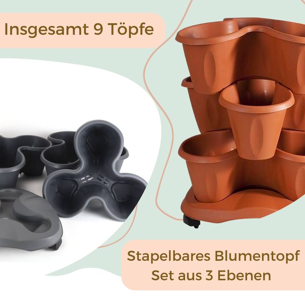 Pflanzturm Erdbeerturm Pflanzkübel auf Rollen Vertikaler Garten Kräuterspirale Säulentopf SET 3 Ebenen Kräutergarten Roller Blumentopf stapelbar