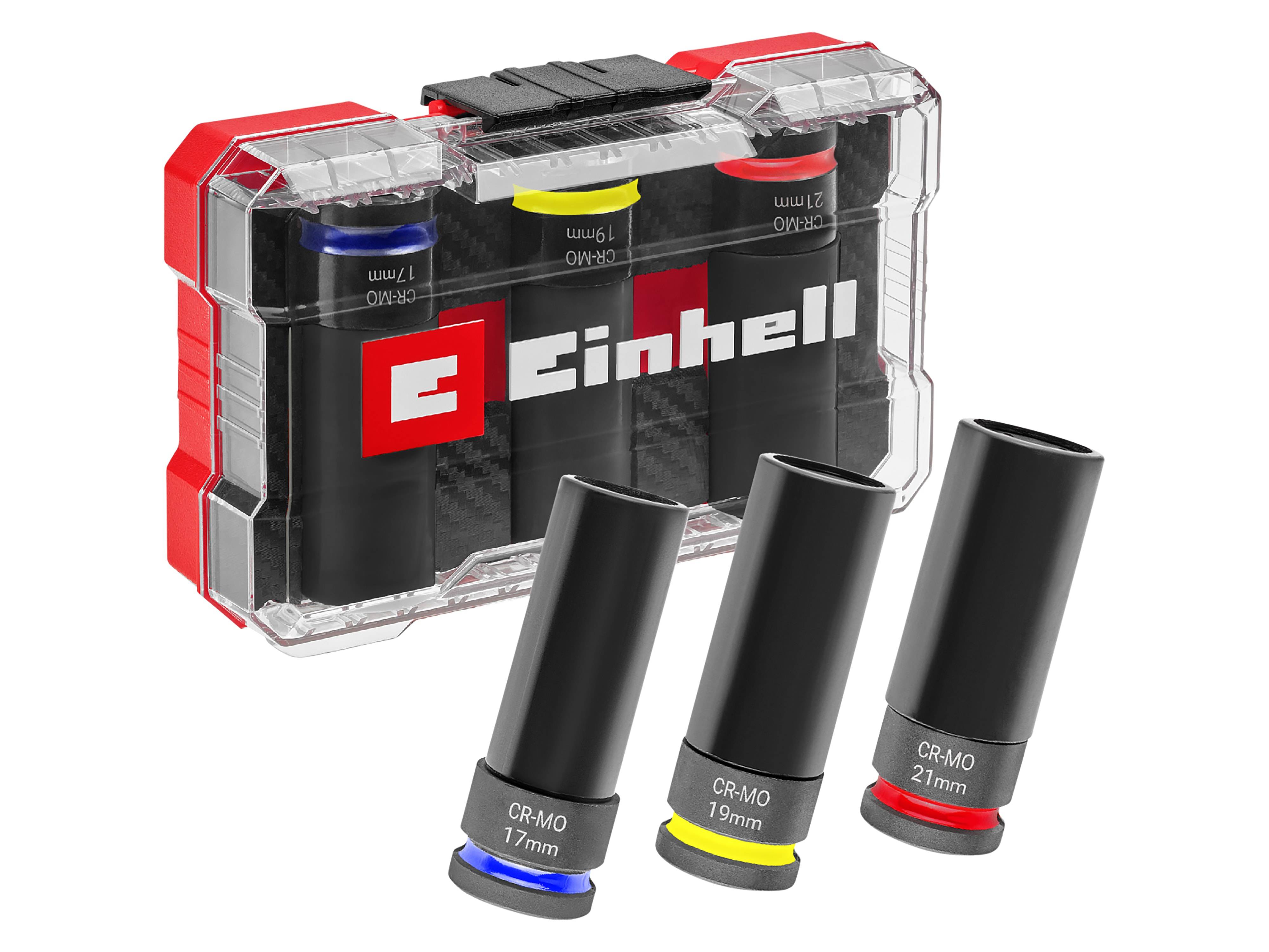 Einhell Schlagschraubersatz in einem transparenten roten Aufbewahrungskoffer mit drei Tiefnüssen mit den Bezeichnungen 17 mm, 19 mm und 21 mm.