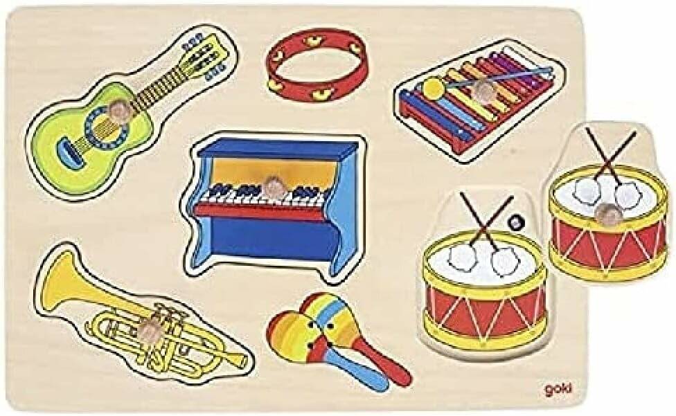 Verschiedene illustrierte Musikinstrumente für Kinder, einschließlich Gitarre, Tamburin, Xylophon, Klavier, Trommel, Trompete und Maracas.