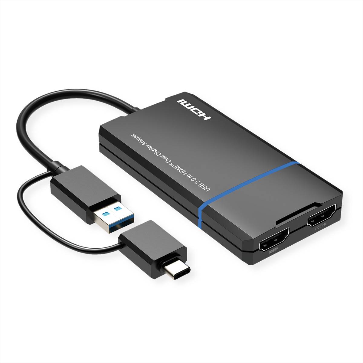 VALUE USB Display Adapter, USB Typ A+C - 2x HDMI Terminatoren, Konverter USB-HDMI Adapter