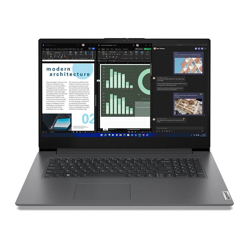 Ein Laptop mit mehreren offenen Anwendungen, darunter ein Dokument mit dem Text „moderne Architektur