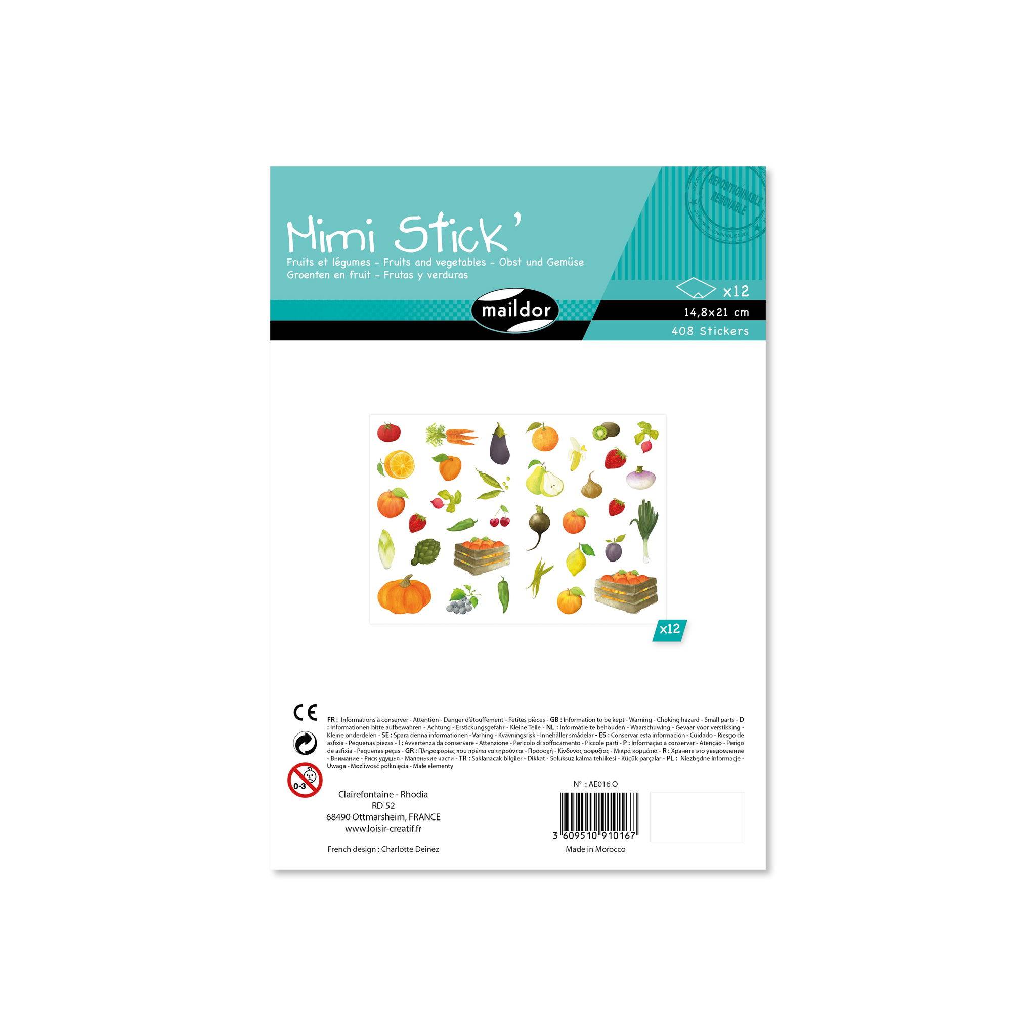 Maildor Mimi Stick', 12 Stickerbogen 21x16cm, Obst und Gemüse Mehrfarbig AE016O