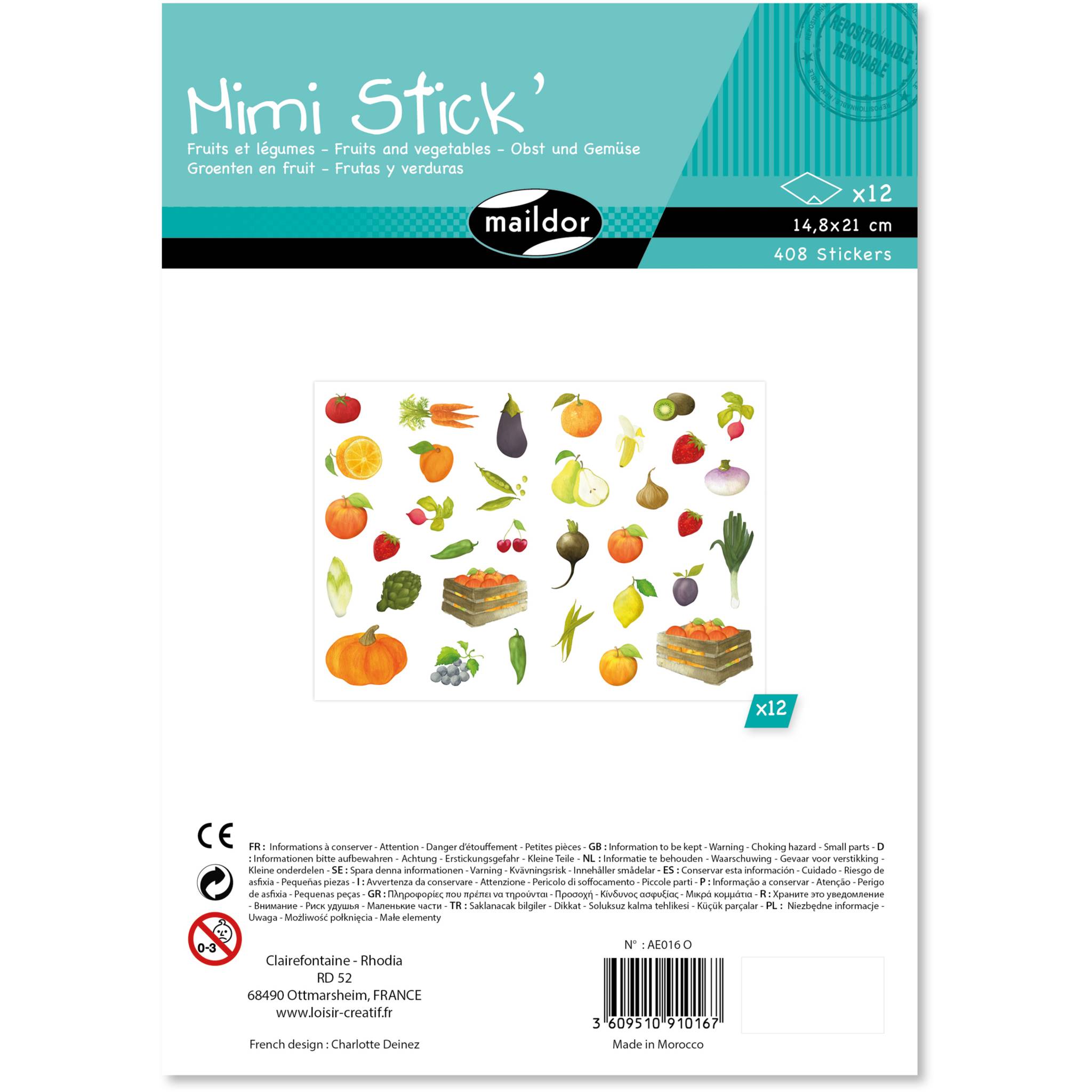 Maildor Mimi Stick', 12 Stickerbogen 21x16cm, Obst und Gemüse Mehrfarbig AE016O
