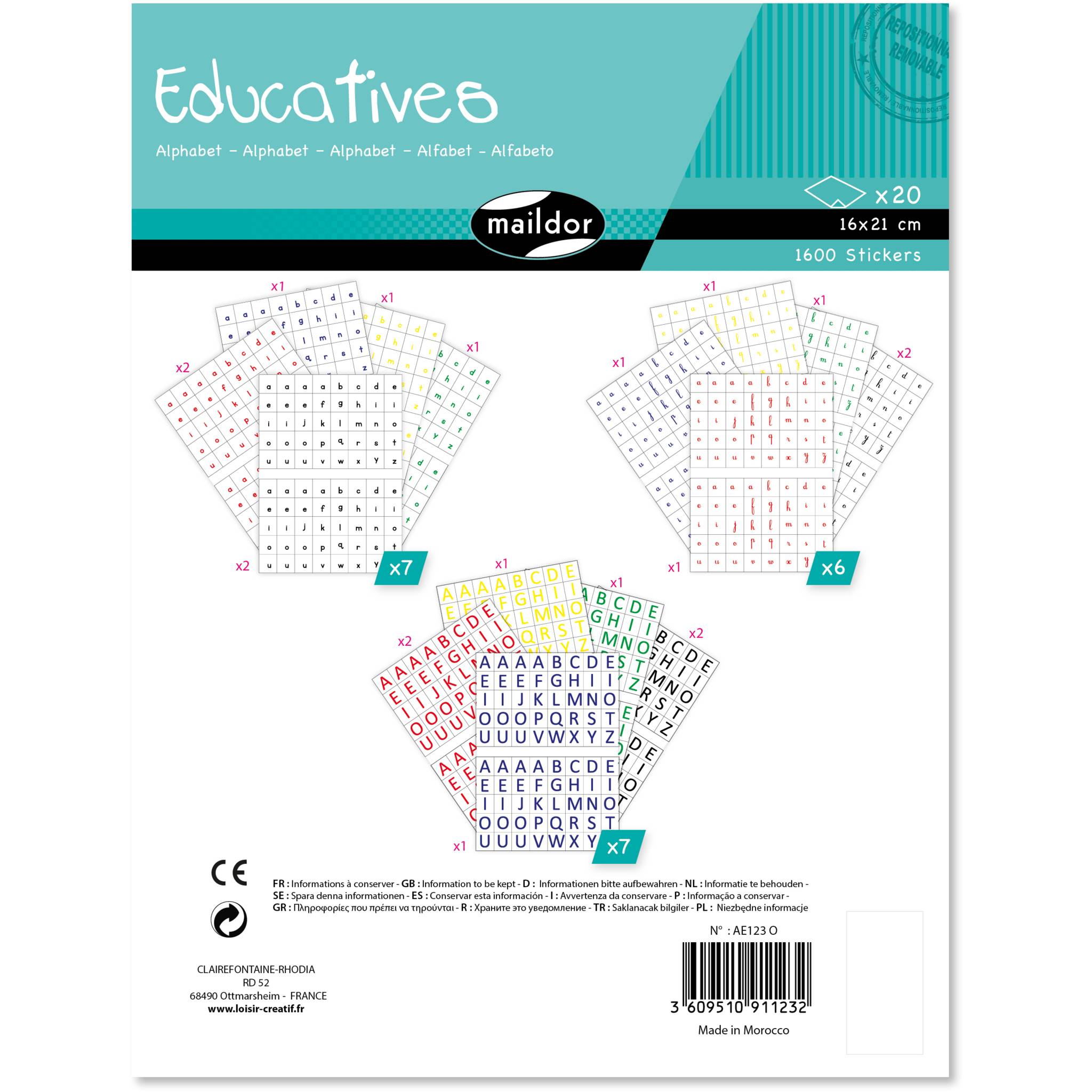 Maildor Educatives, 20 Stickerbogen 16x21cm, Alphabet - Mehrfarbig AE123O