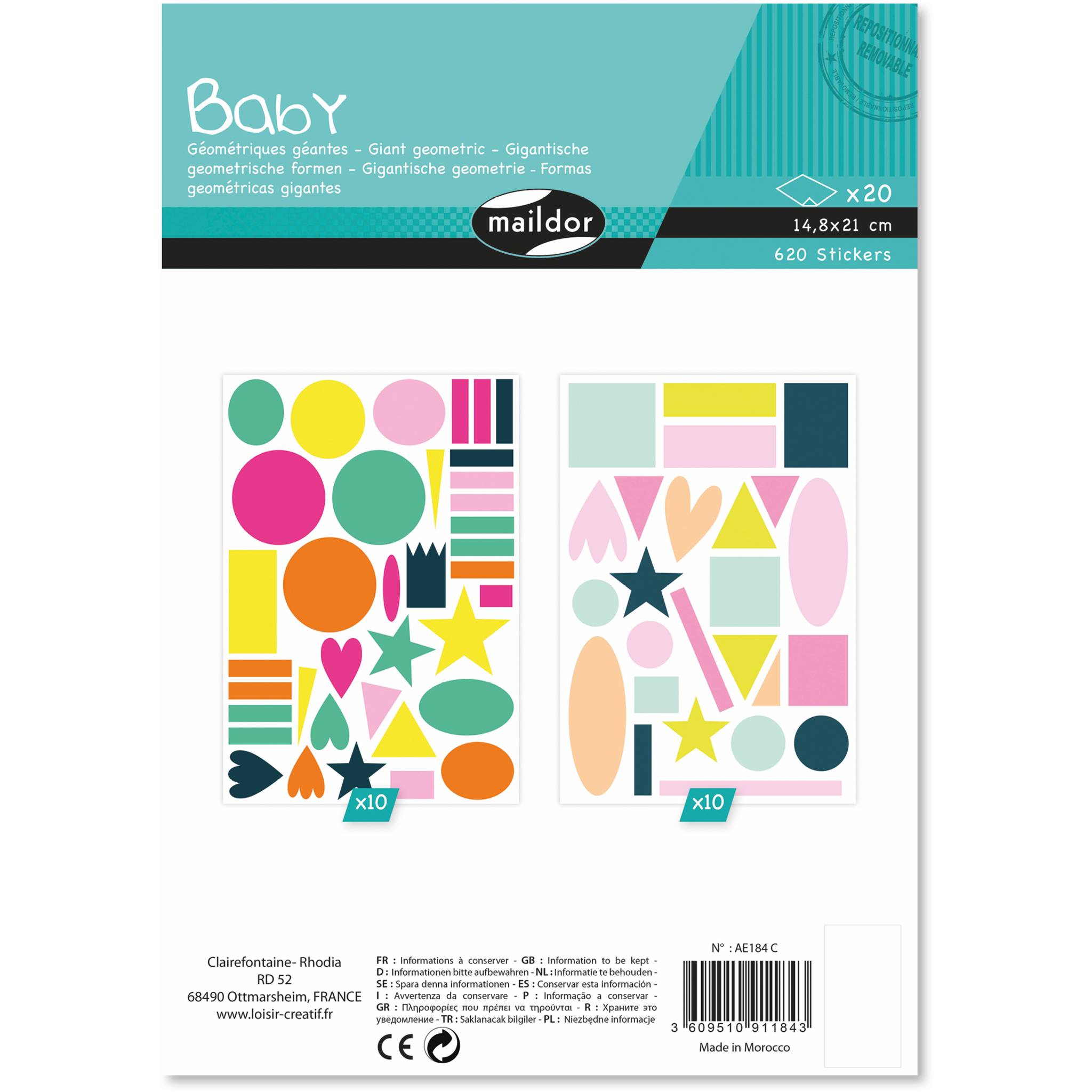 Maildor Baby, 20 Stickerbogen 14,8x21cm, Große Formen - Mehrfarbig AE184C