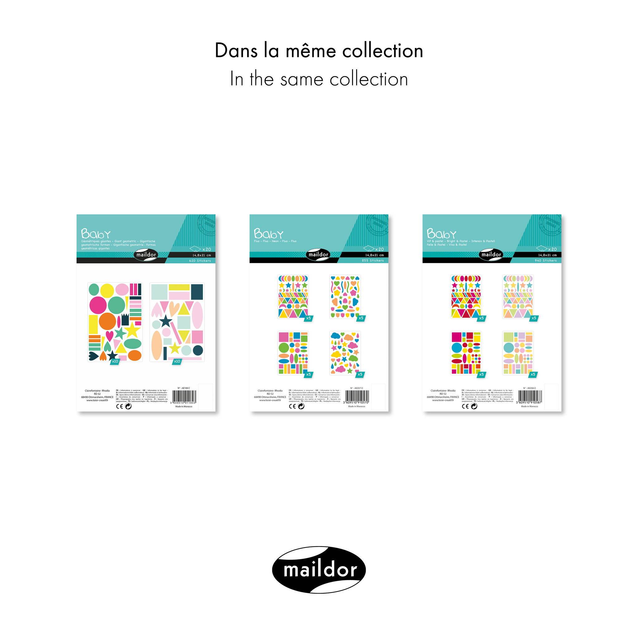 Maildor Baby, 20 Stickerbogen 14,8x21cm, Große Formen - Mehrfarbig AE184C