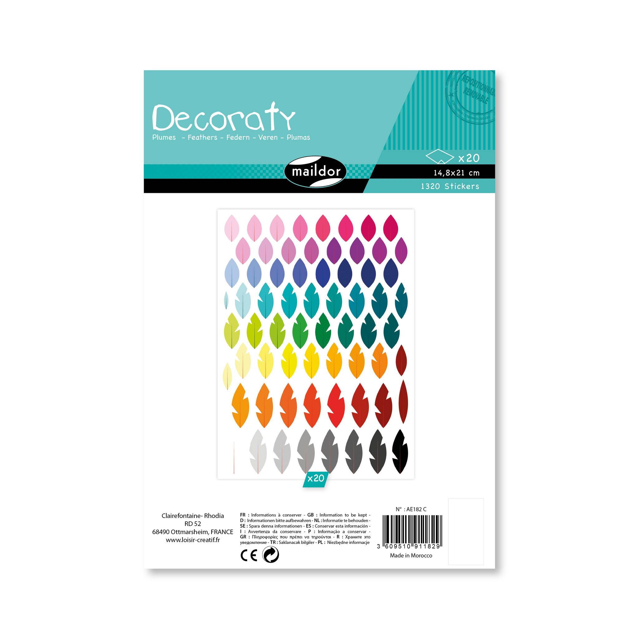 Maildor Decoraty, 20 Stickerbogen 14,8x21cm, Federn - Mehrfarbig AE182C