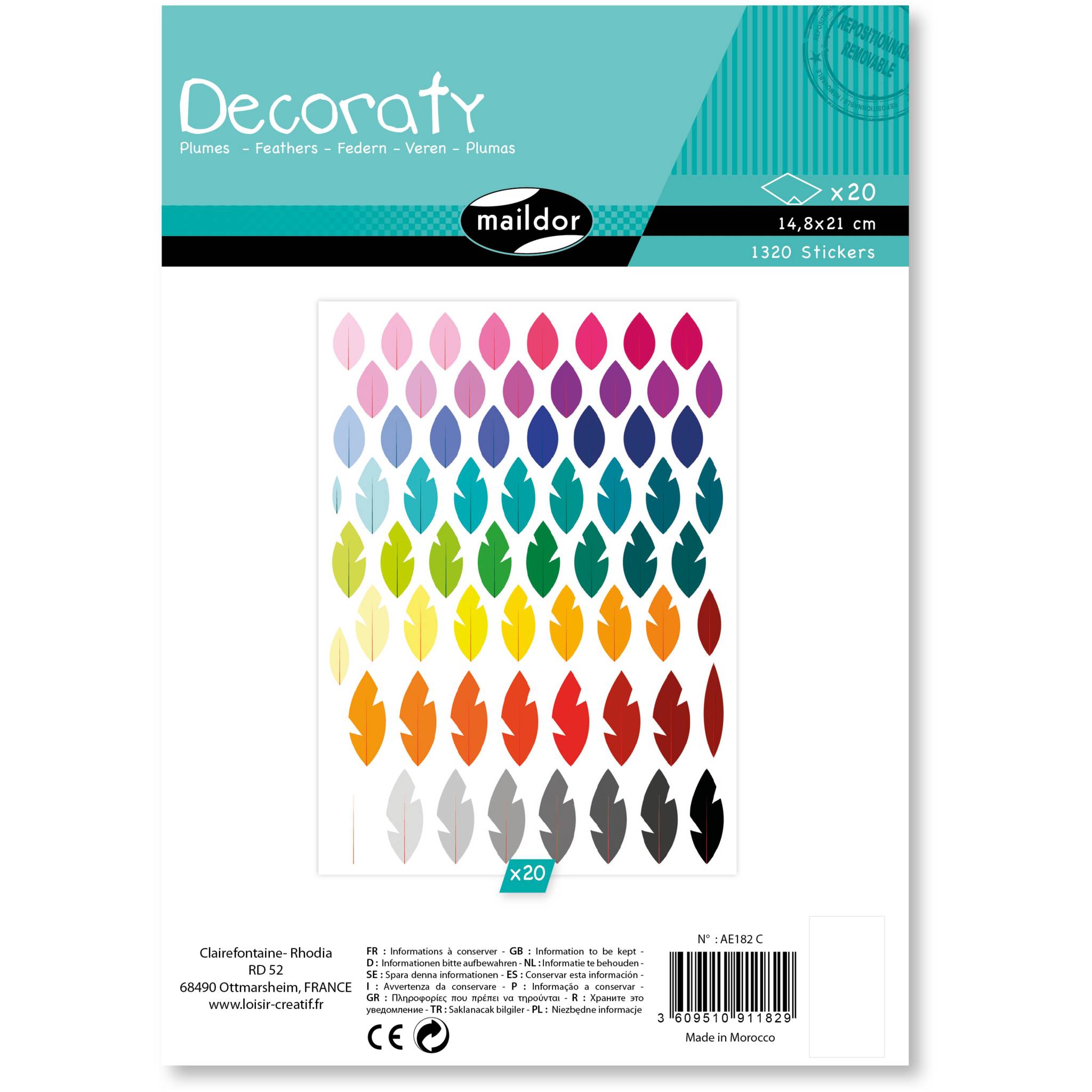 Maildor Decoraty, 20 Stickerbogen 14,8x21cm, Federn - Mehrfarbig AE182C