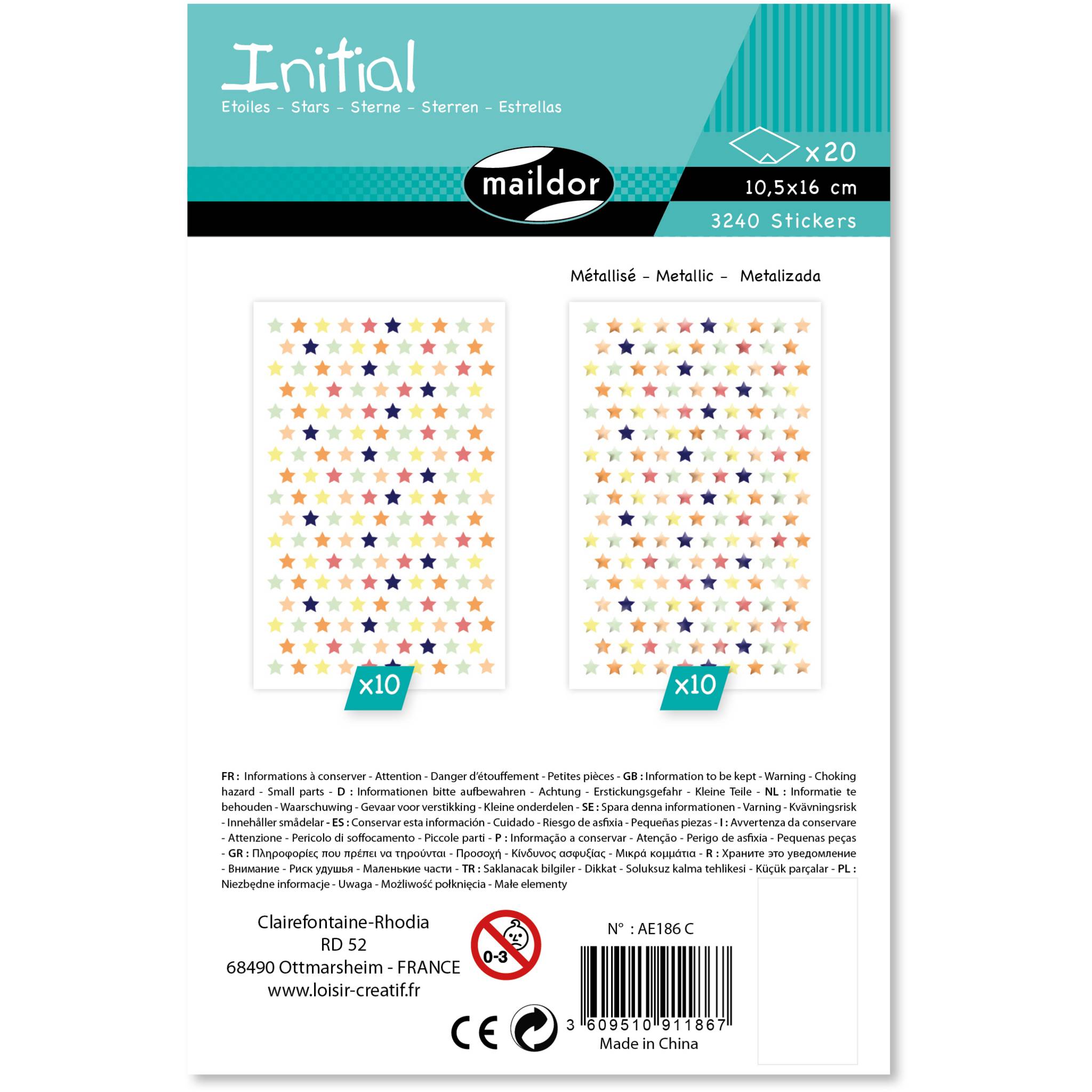 Maildor Sticker Initial 20 Bogen 10,5x16 cm Metallic/Pastell - Mehrfarbig AE186C