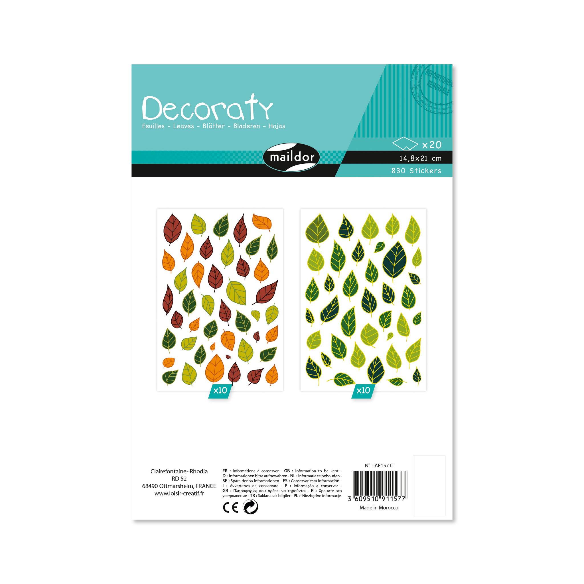 Maildor Decoraty, 20 Stickerbogen 14,8x21cm, Blätter - Mehrfarbig AE157C