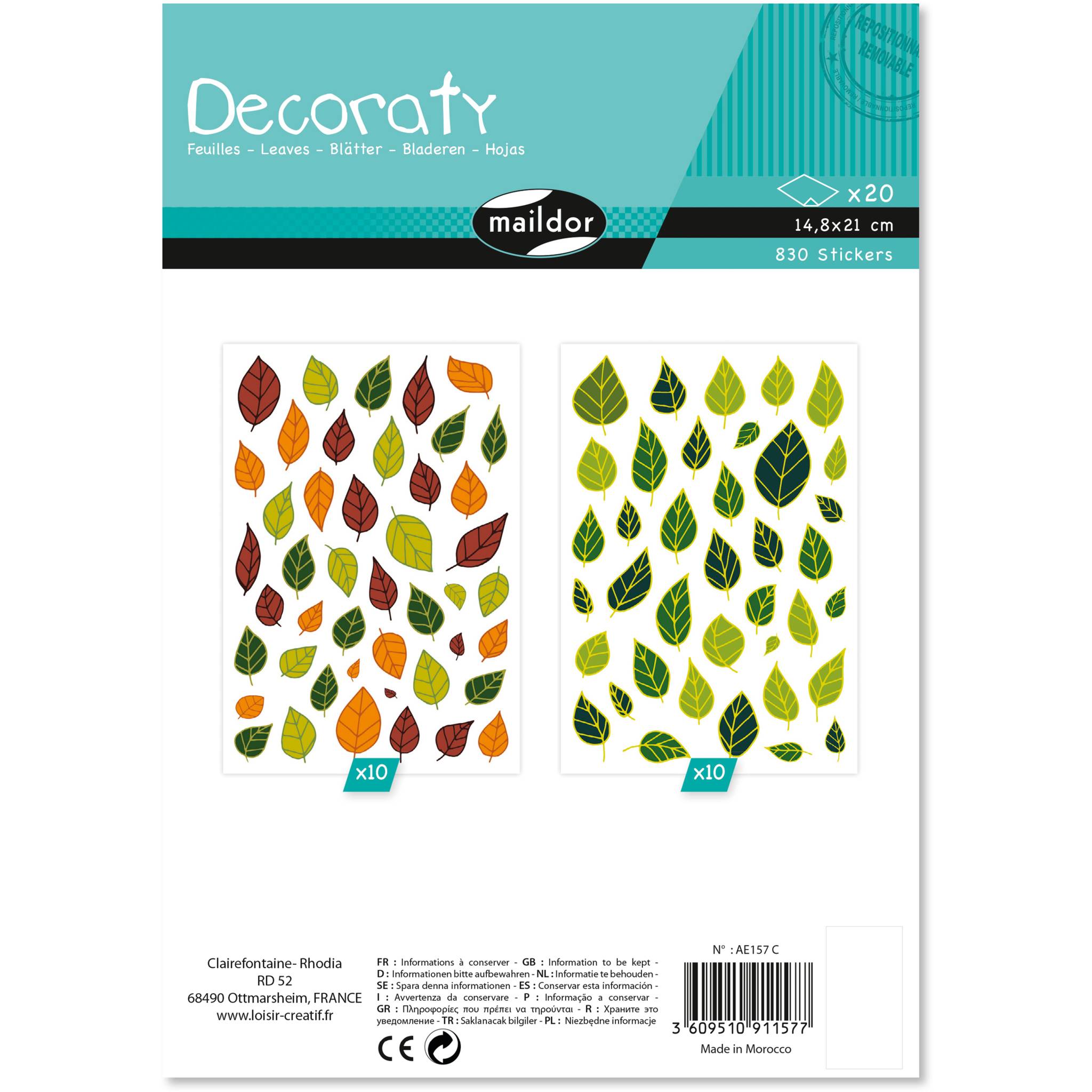 Maildor Decoraty, 20 Stickerbogen 14,8x21cm, Blätter - Mehrfarbig AE157C