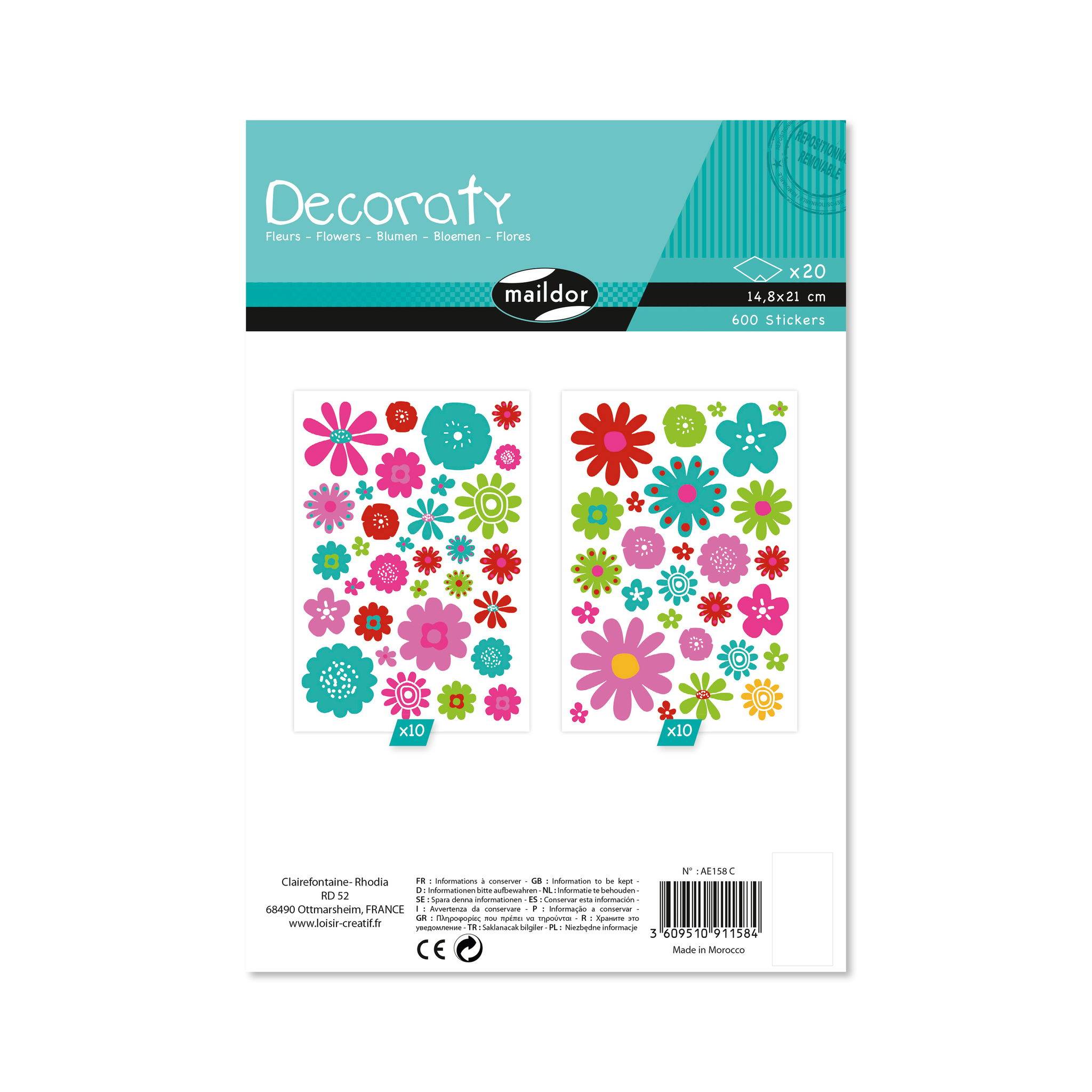 Maildor Decoraty, 20 Stickerbogen 14,8x21cm, Blumen - Mehrfarbig AE158C