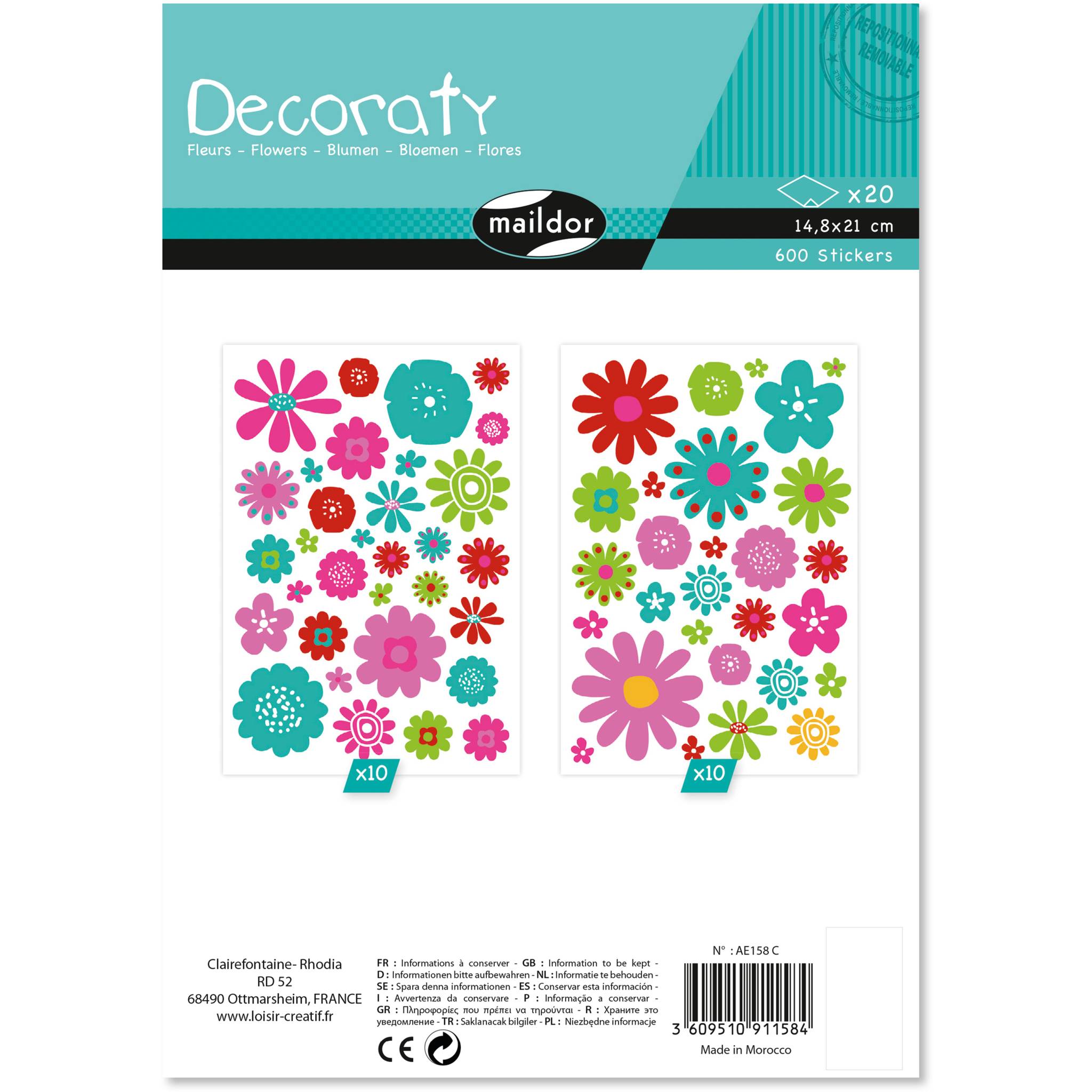 Maildor Decoraty, 20 Stickerbogen 14,8x21cm, Blumen - Mehrfarbig AE158C