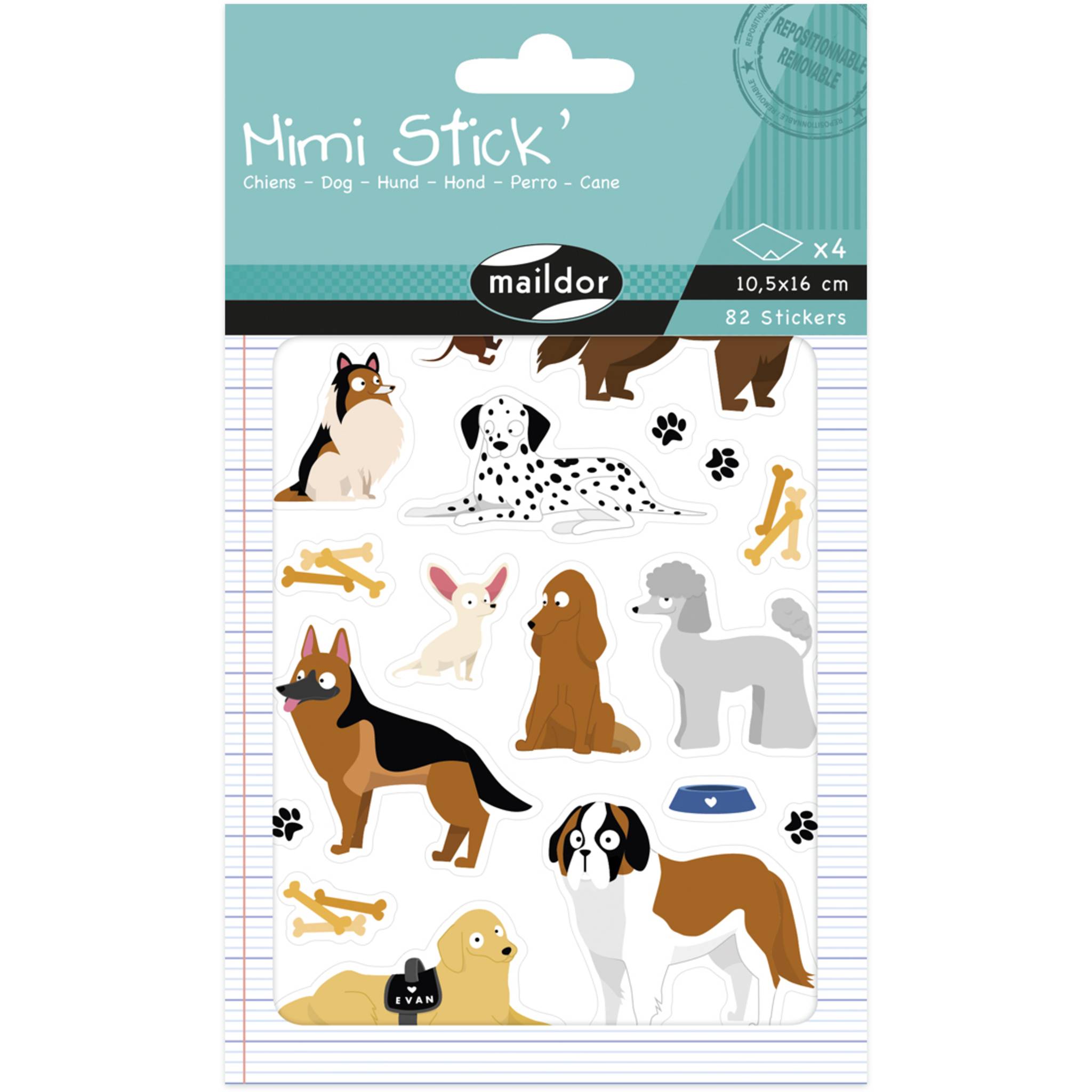 Maildor 10x Mimi Stick, 4 Stickerbogen 10,5x16cm, Hunde - Mehrfarbig AE230C