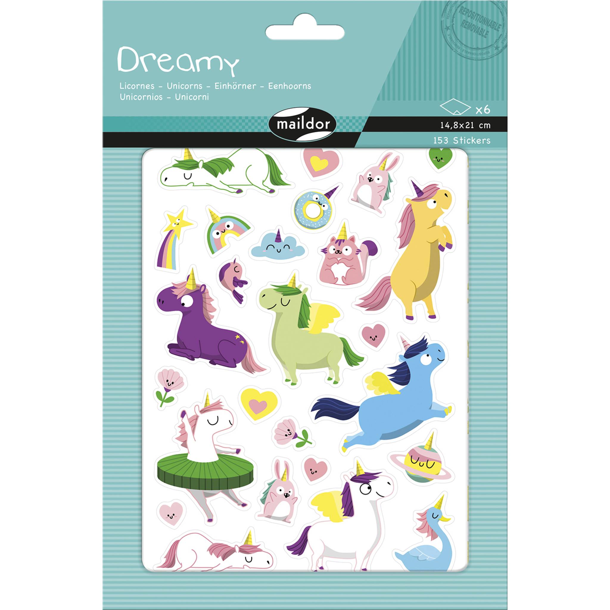 Maildor 10x Dreamy, 6 Stickerbogen 14,8x21cm, Einhörner - Mehrfarbig AE231C