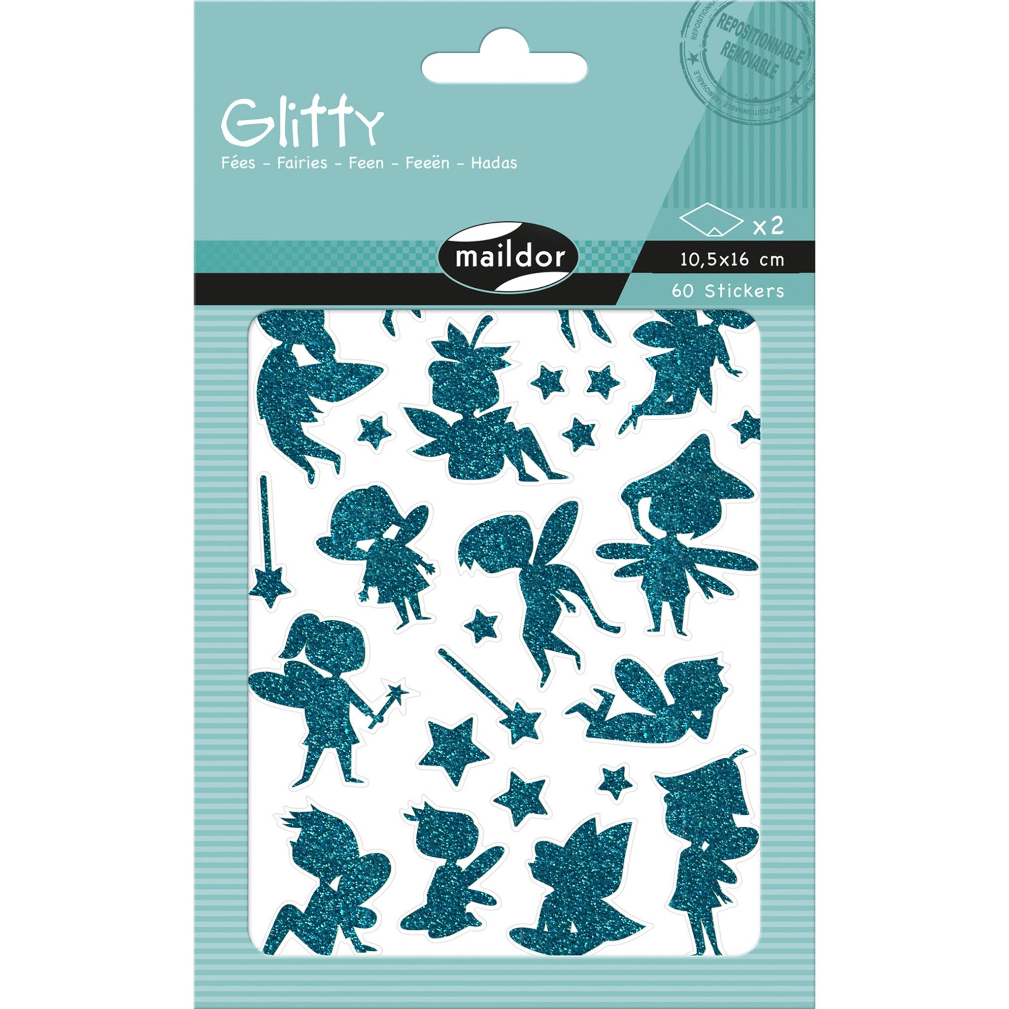 Maildor 10x Glitty, 2 Stickerbogen 10,5x16cm, Feen, Blau und Grün - Blau AE223C
