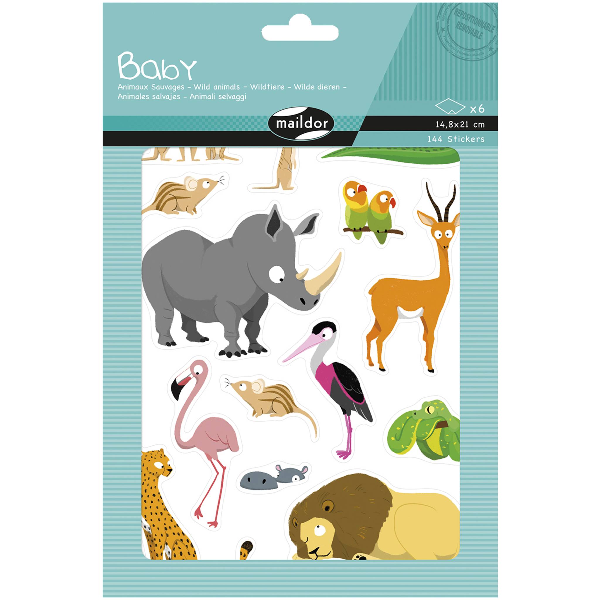 Maildor 10x Baby, 6 Stickerbogen 14,8x21cm, Wildtiere - Mehrfarbig AE228C