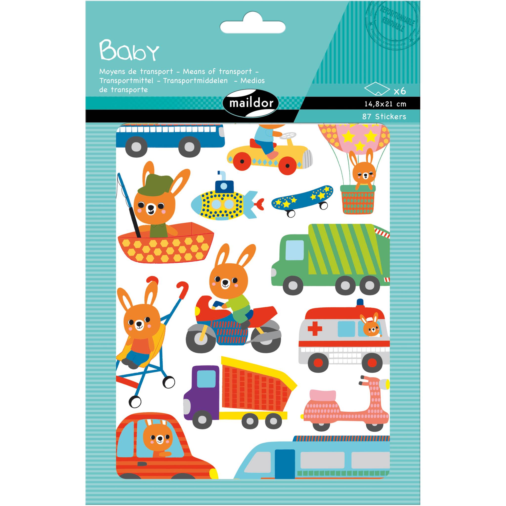 Maildor 10x Baby, 6 Stickerbogen 14,8x21cm, Transportmittel - Mehrfarbig AE166C