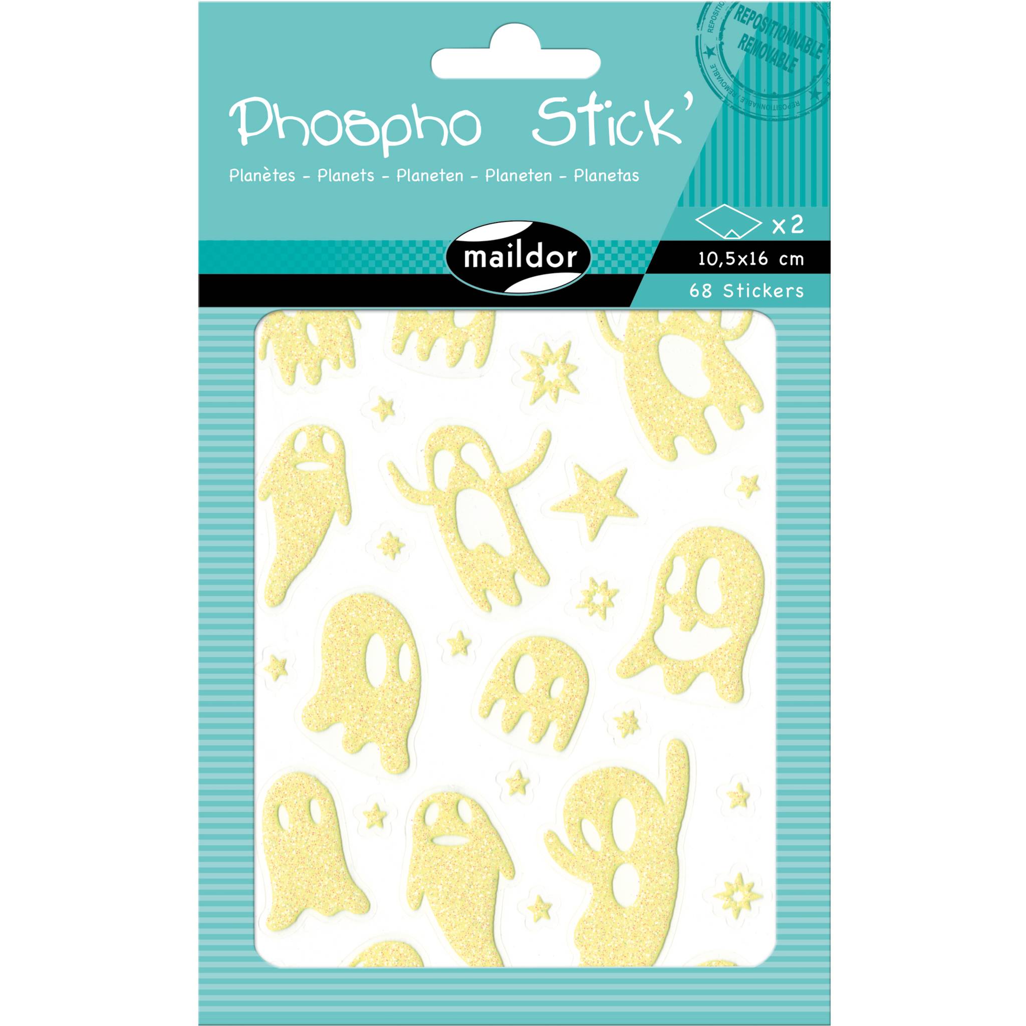 Maildor 10x Phospho' Stick, 2 Stickerbogen 10,5x16cm, Gespenster Neongelb AE080O