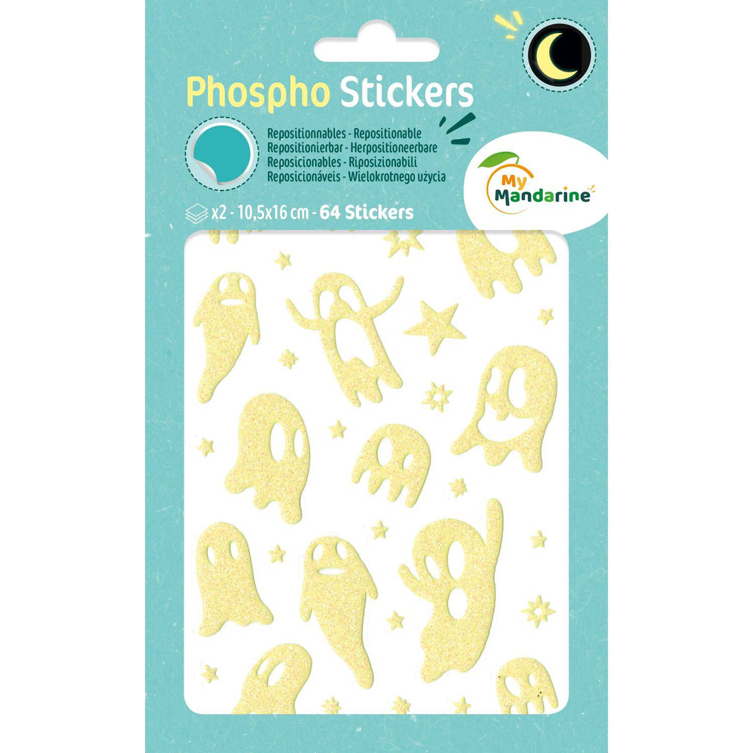 Maildor 10x Phospho' Stick, 2 Stickerbogen 10,5x16cm, Gespenster Neongelb AE080O