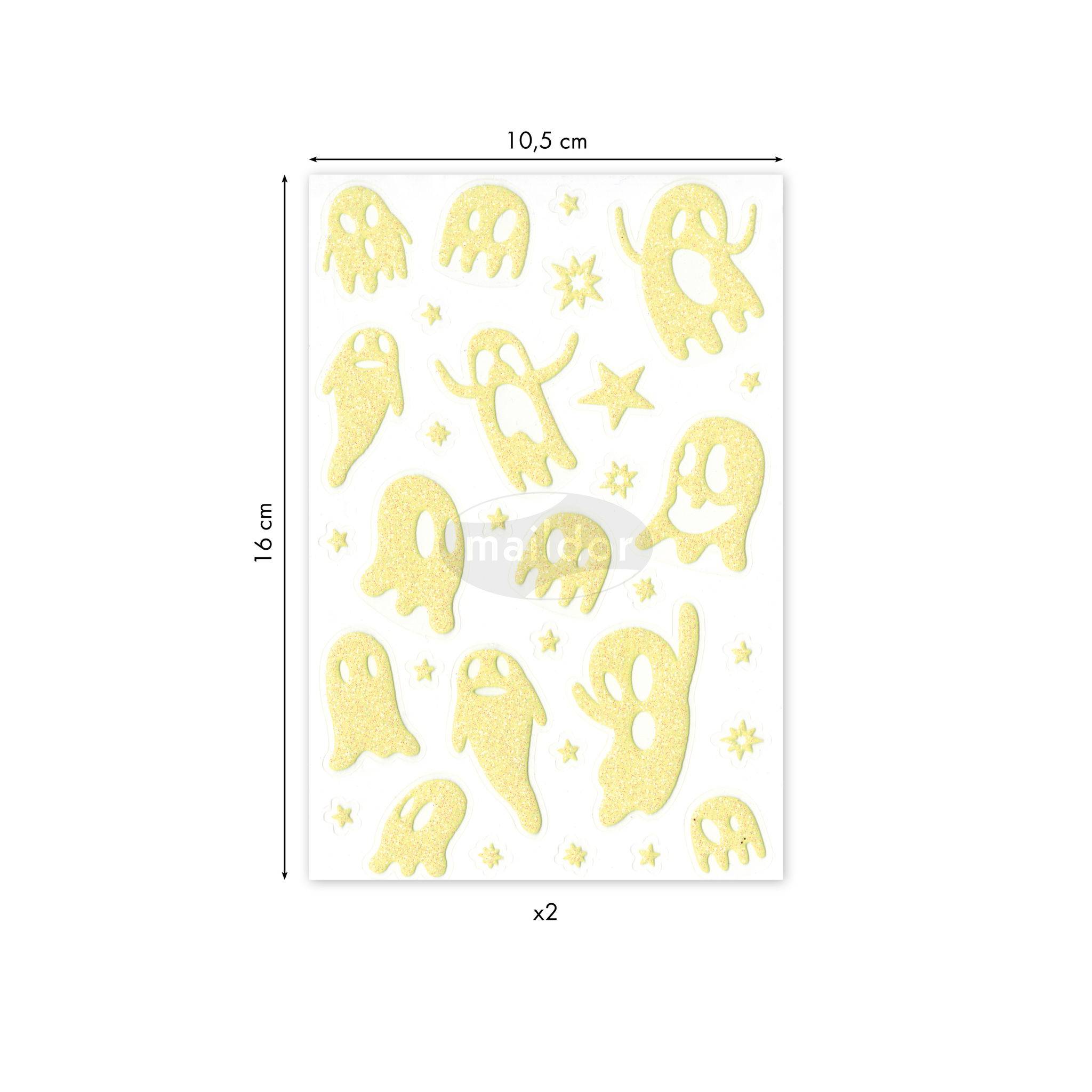 Maildor 10x Phospho' Stick, 2 Stickerbogen 10,5x16cm, Gespenster Neongelb AE080O