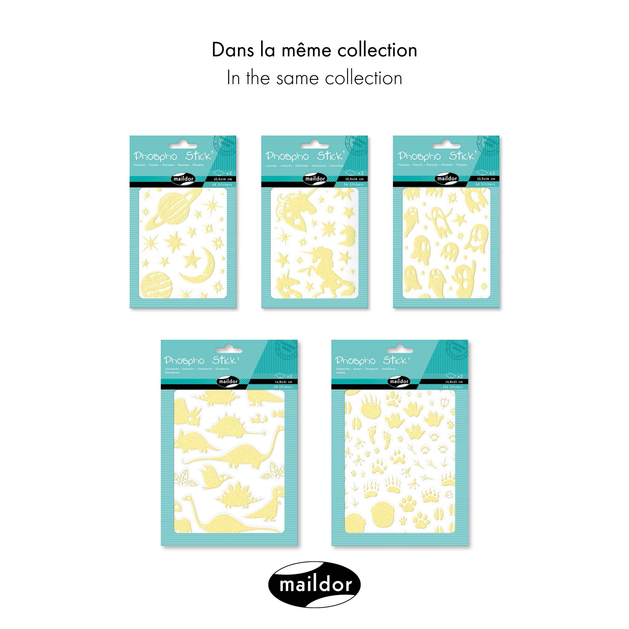 Maildor 10x Phospho' Stick, 2 Stickerbogen 14,8x21cm Dinosaurier Neongelb AE105O