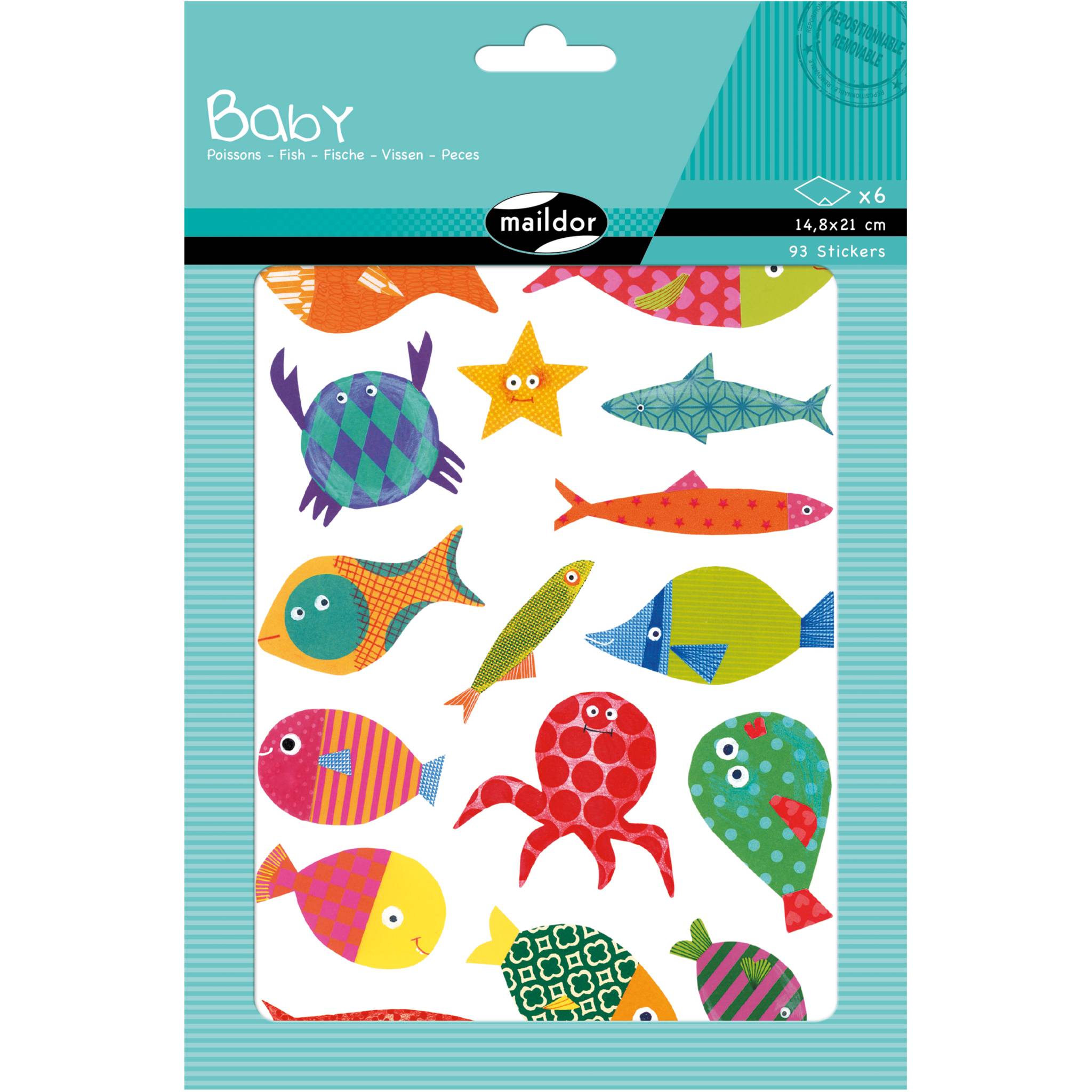 Maildor 10x Baby, 6 Stickerbogen 14,8x21cm, Fische - Mehrfarbig AE037O