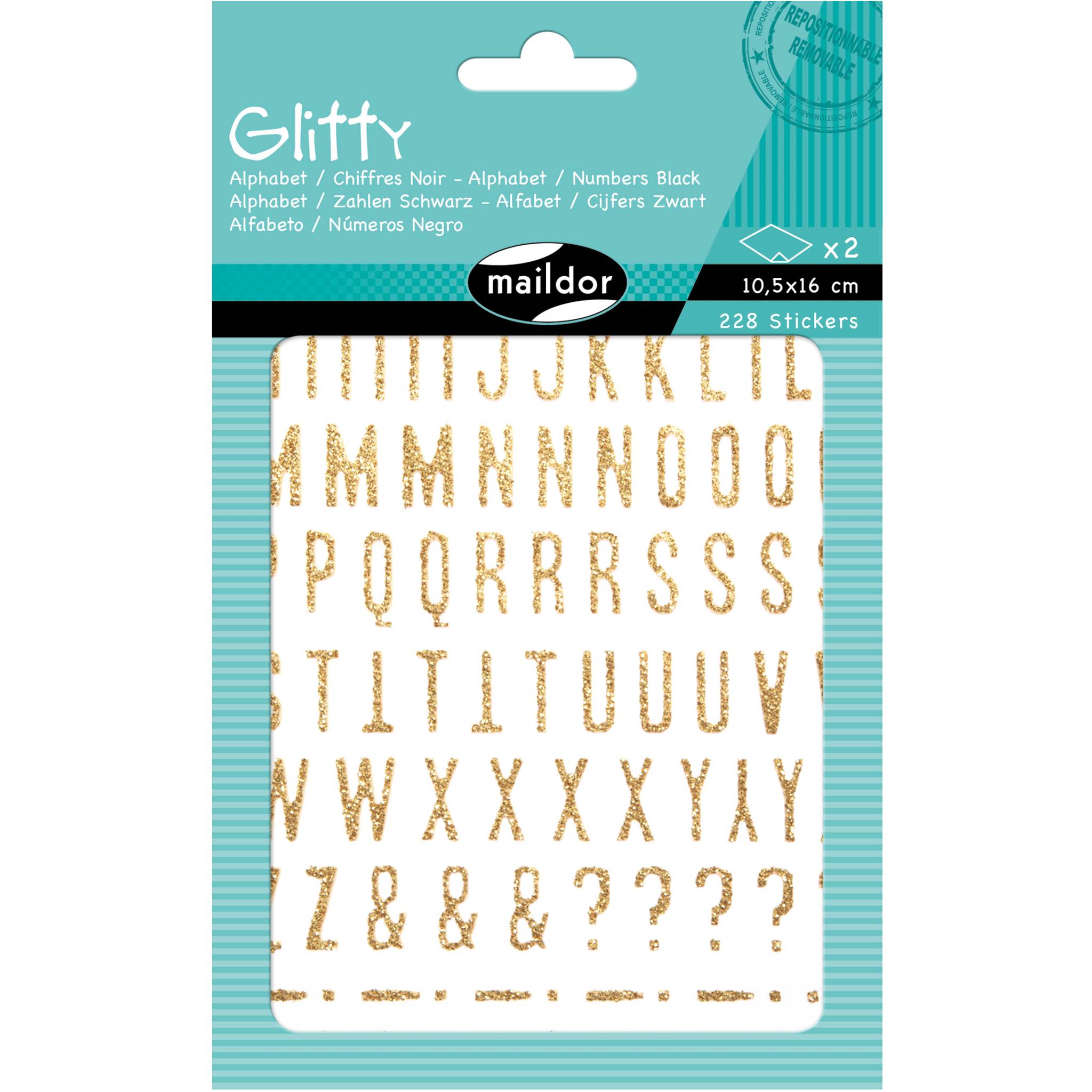 Maildor 10x Glitty, 2 Stickerbogen 10,5x16cm, Alphabet/Zahlen, gold Gold AE070O