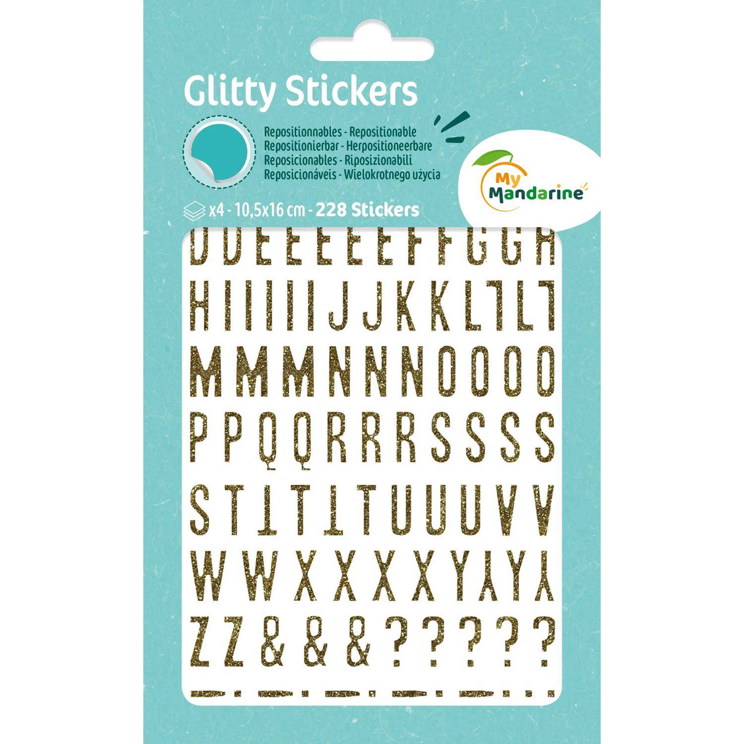 Maildor 10x Glitty, 2 Stickerbogen 10,5x16cm, Alphabet/Zahlen, gold Gold AE070O