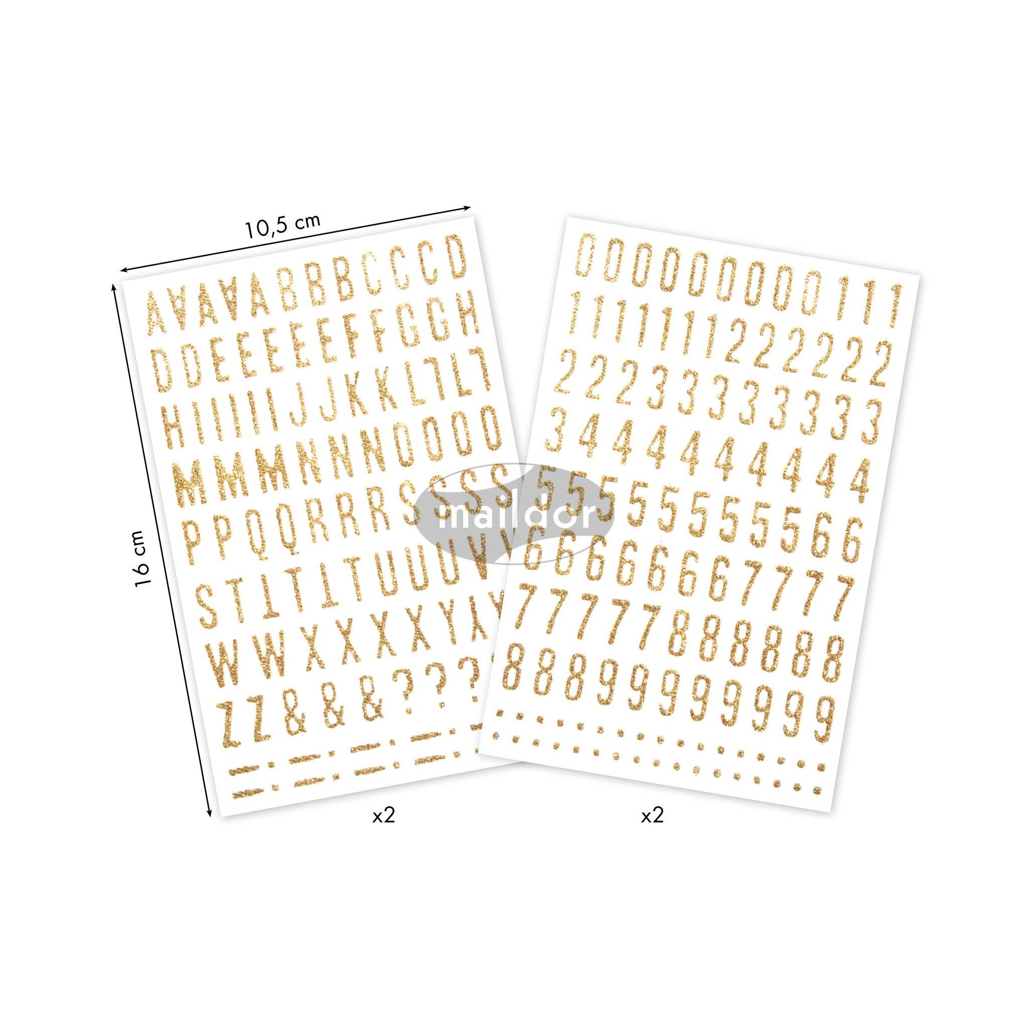 Maildor 10x Glitty, 2 Stickerbogen 10,5x16cm, Alphabet/Zahlen, gold Gold AE070O