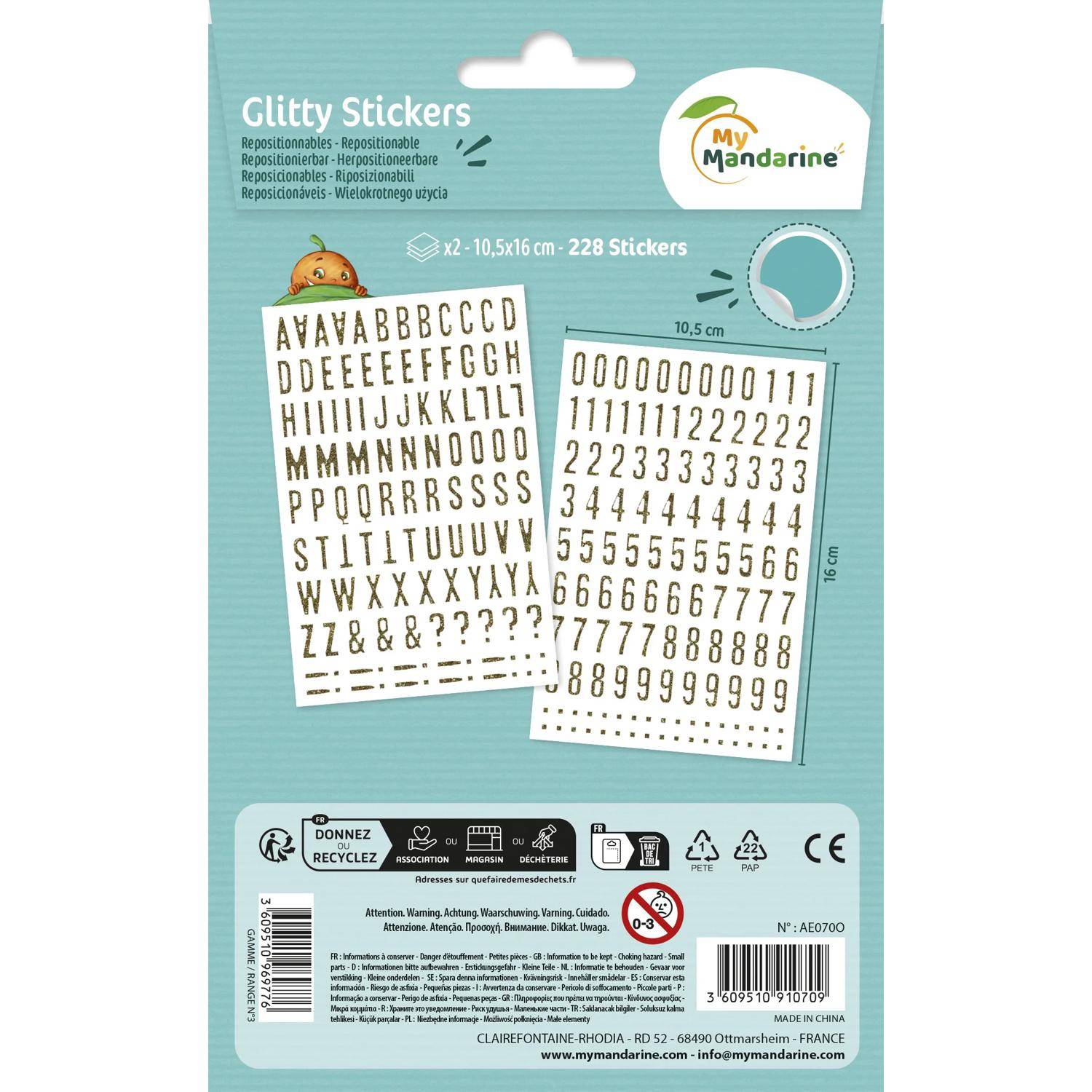 Maildor 10x Glitty, 2 Stickerbogen 10,5x16cm, Alphabet/Zahlen, gold Gold AE070O