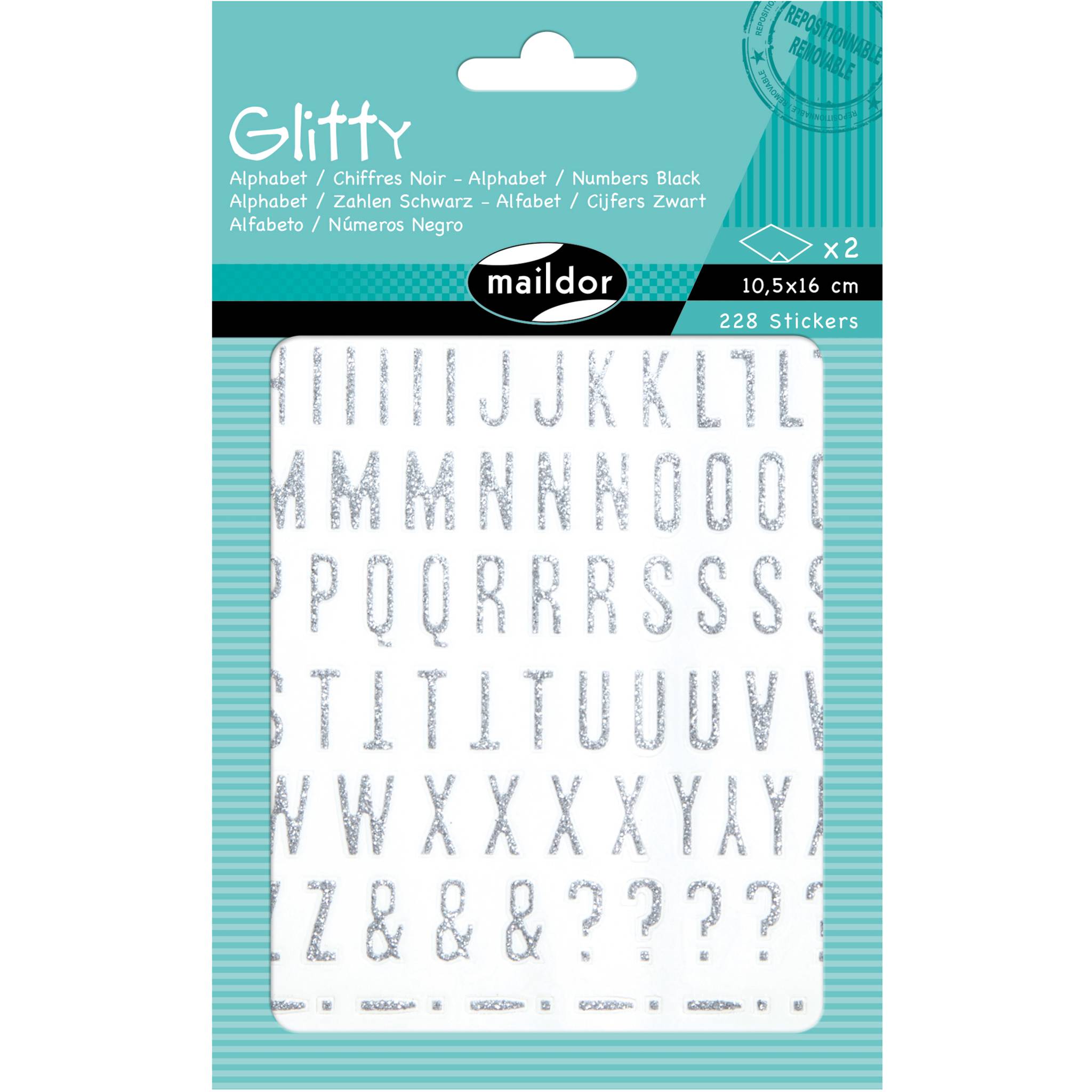 Maildor 10x Glitty, 2 Stickerbogen 10,5x16cm, Alphabet/Zahlen, silber AE071O