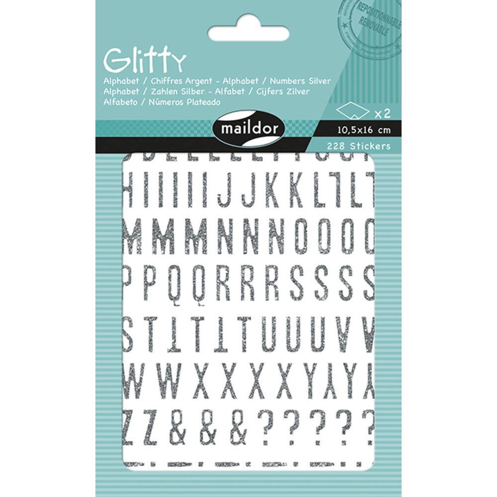 Maildor 10x Glitty, 2 Stickerbogen 10,5x16cm, Alphabet/Zahlen, silber AE071O