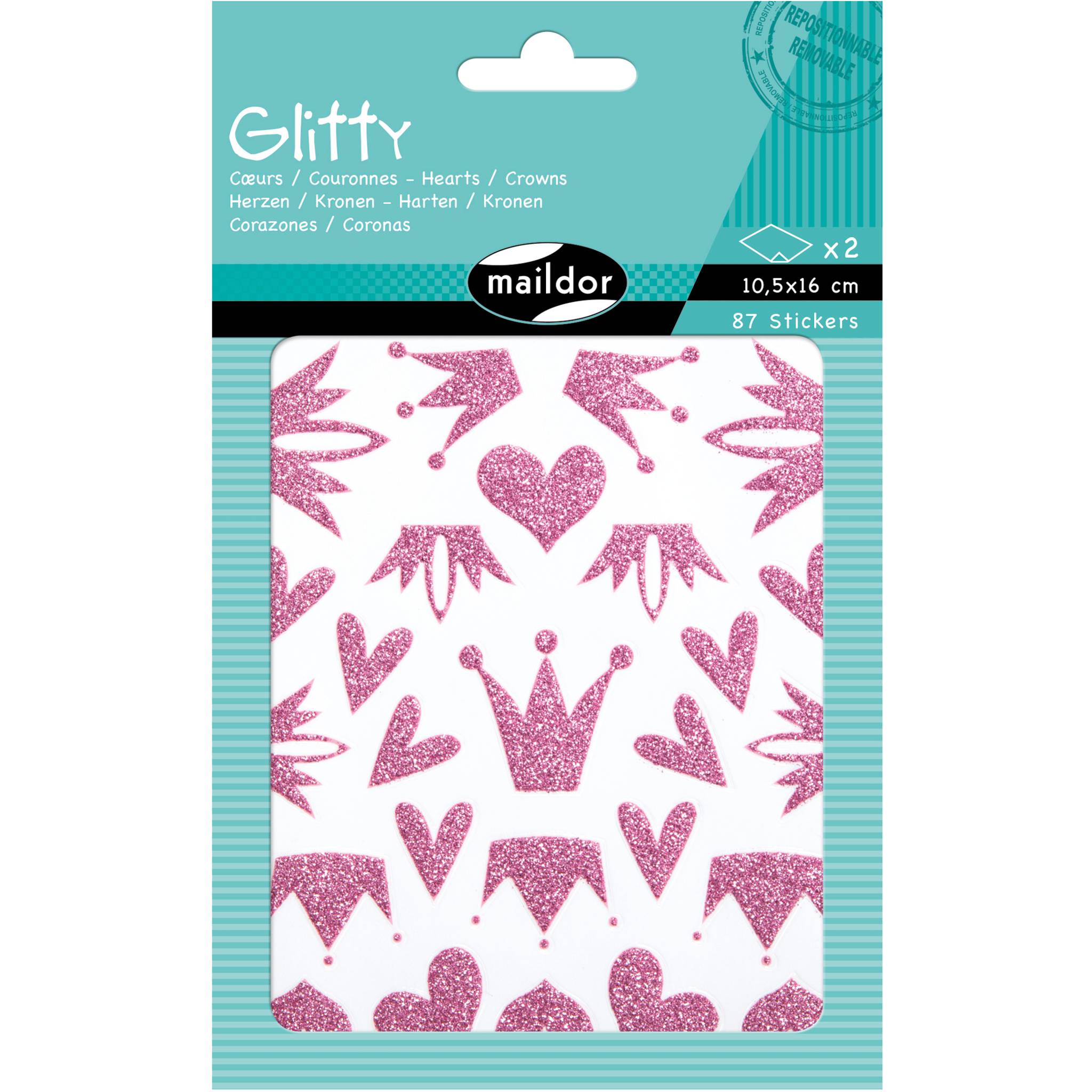 Maildor 10x Sticker Glitty A6 2 Bogen 10,5x16 cm Herzen/Kronen rosa - AE073O
