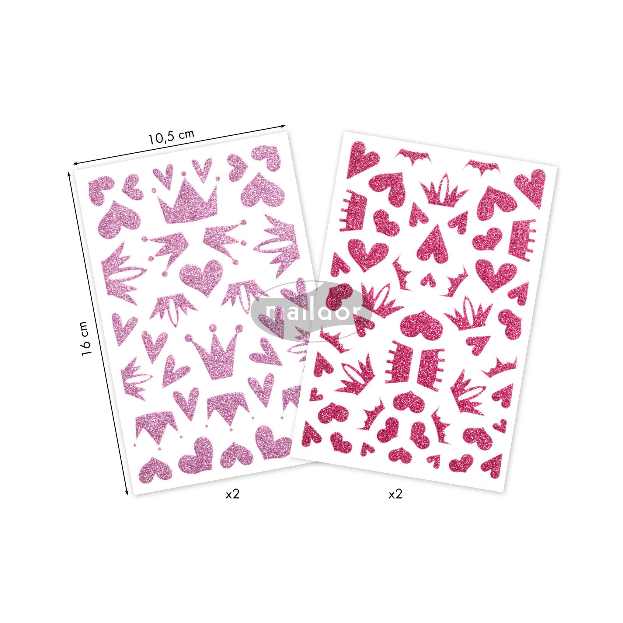 Maildor 10x Sticker Glitty A6 2 Bogen 10,5x16 cm Herzen/Kronen rosa - AE073O