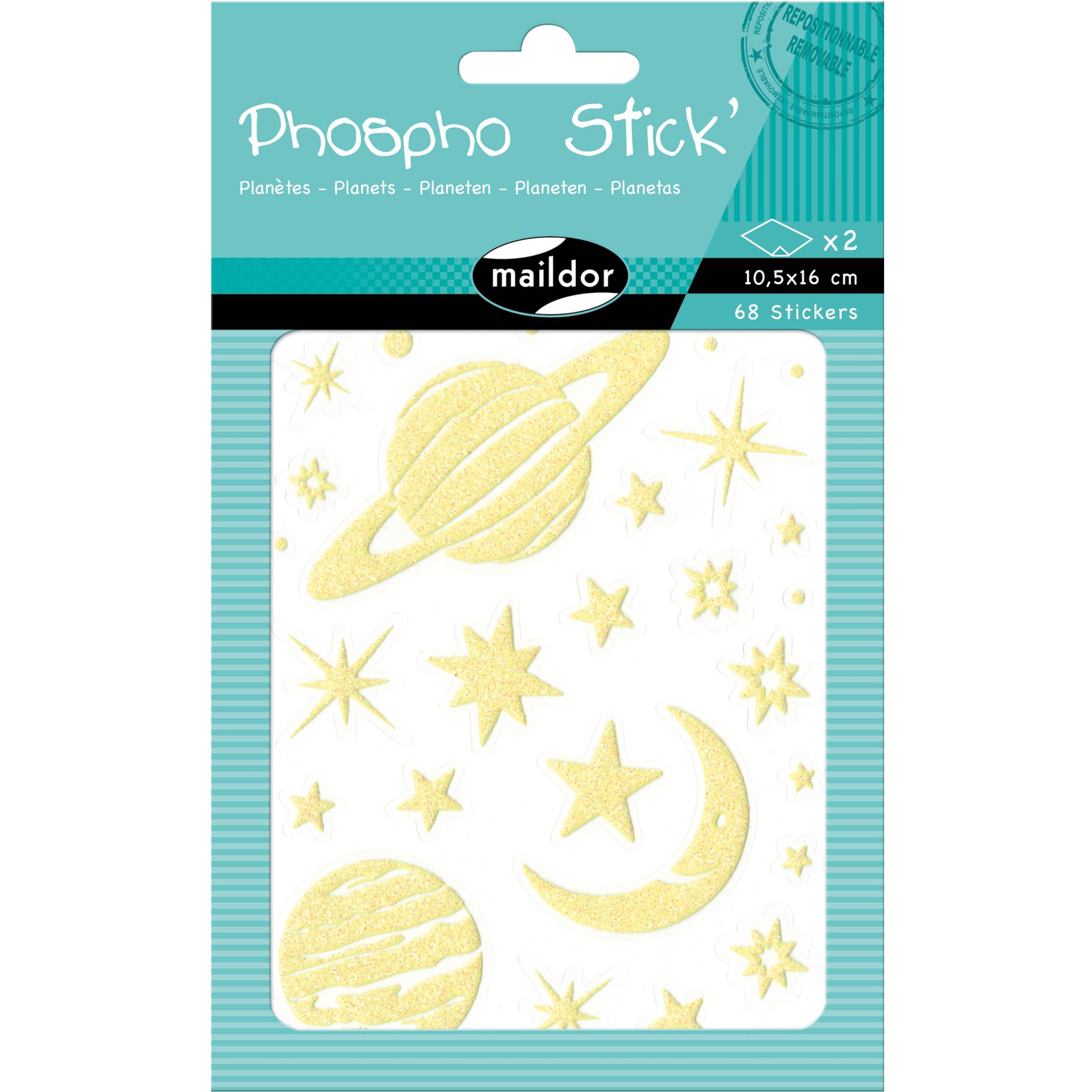 Maildor 10x Phospho' Stick, 2 Stickerbogen 10,5x16cm, Planeten - Neongelb AE078O