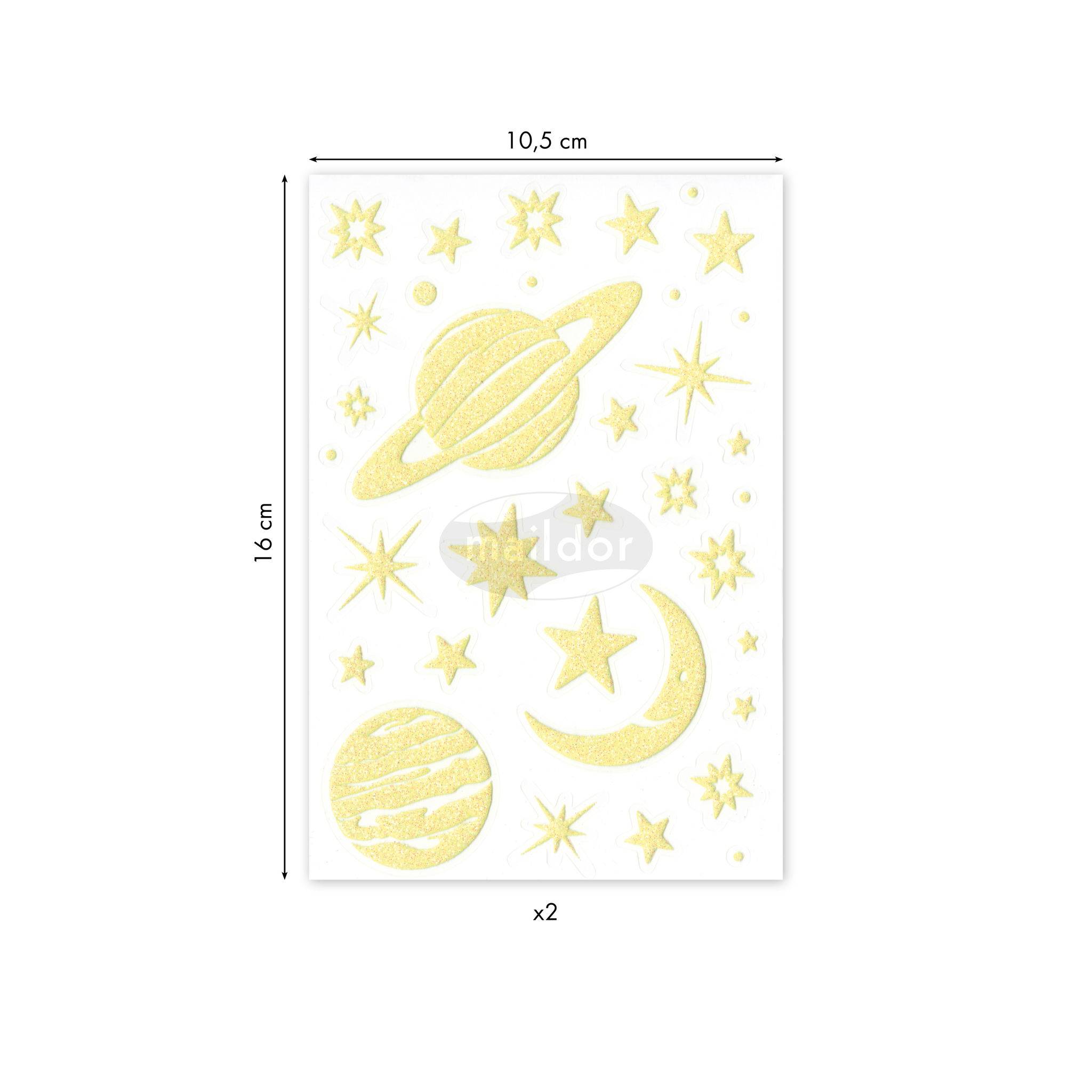 Maildor 10x Phospho' Stick, 2 Stickerbogen 10,5x16cm, Planeten - Neongelb AE078O