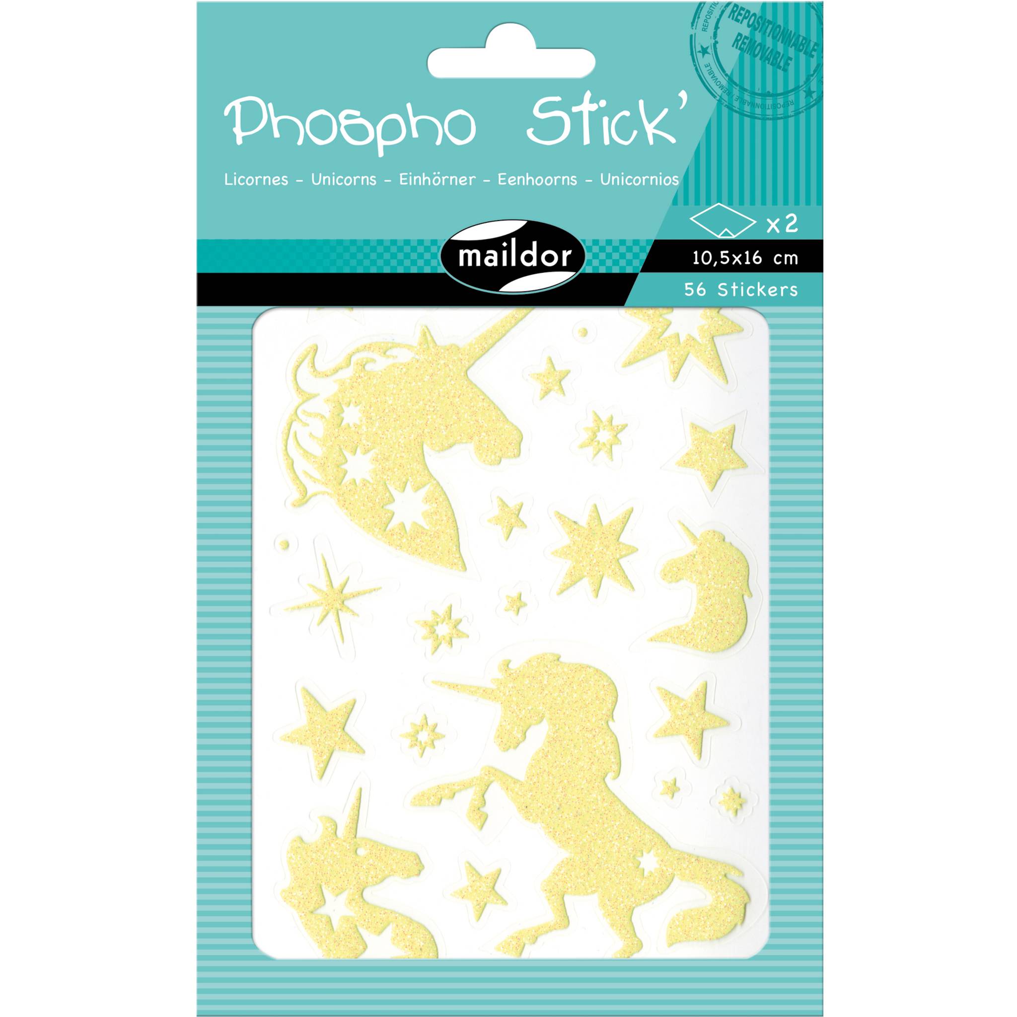 Maildor 10x Phospho' Stick, 2 Stickerbogen 10,5x16cm, Einhörner Neongelb AE079O