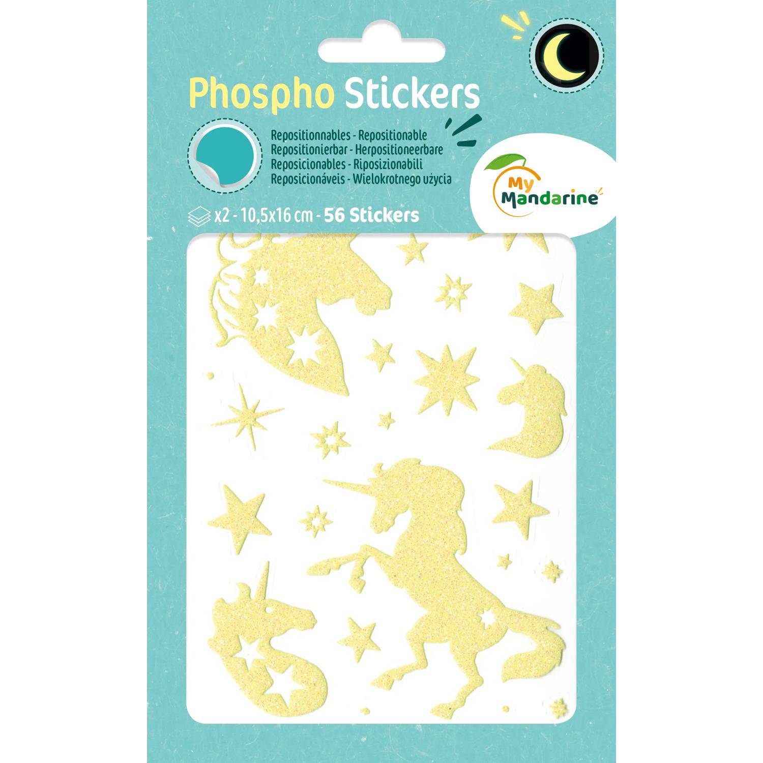 Maildor 10x Phospho' Stick, 2 Stickerbogen 10,5x16cm, Einhörner Neongelb AE079O