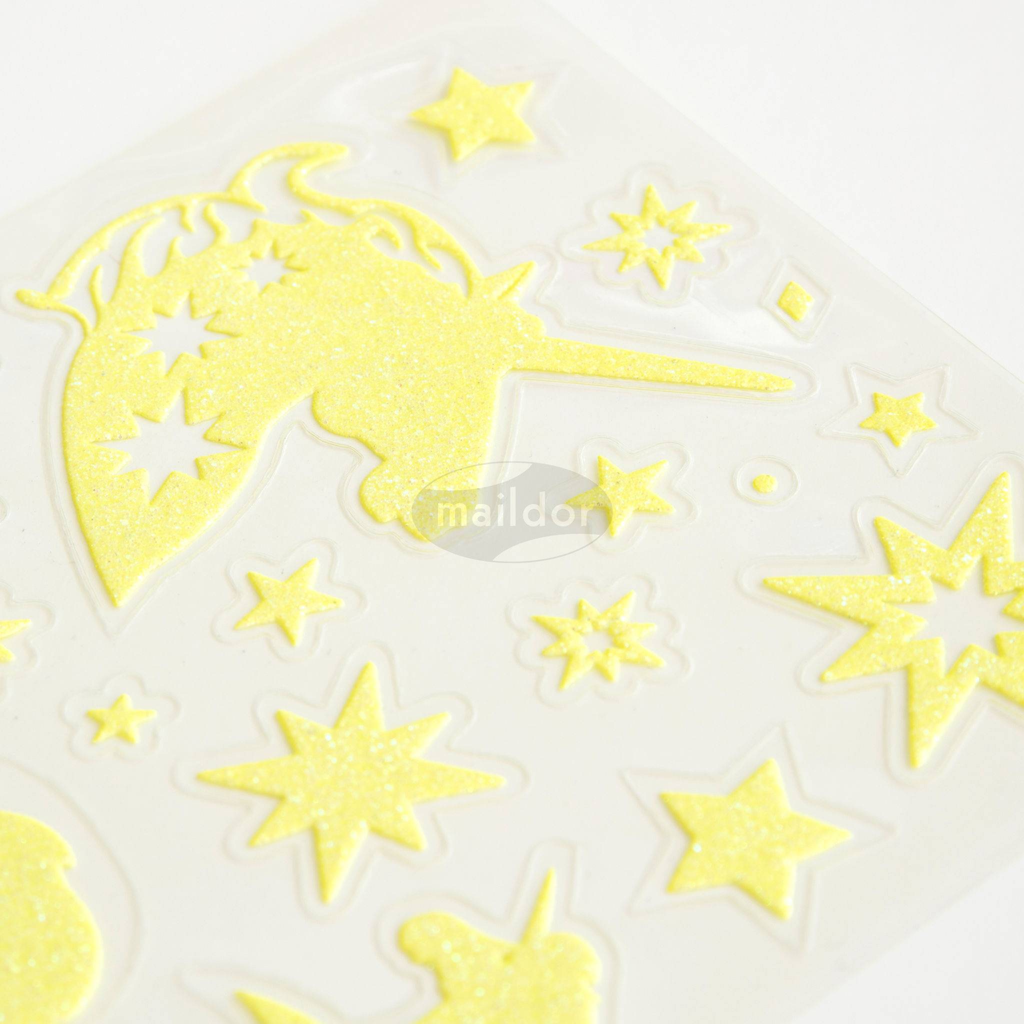 Maildor 10x Phospho' Stick, 2 Stickerbogen 10,5x16cm, Einhörner Neongelb AE079O