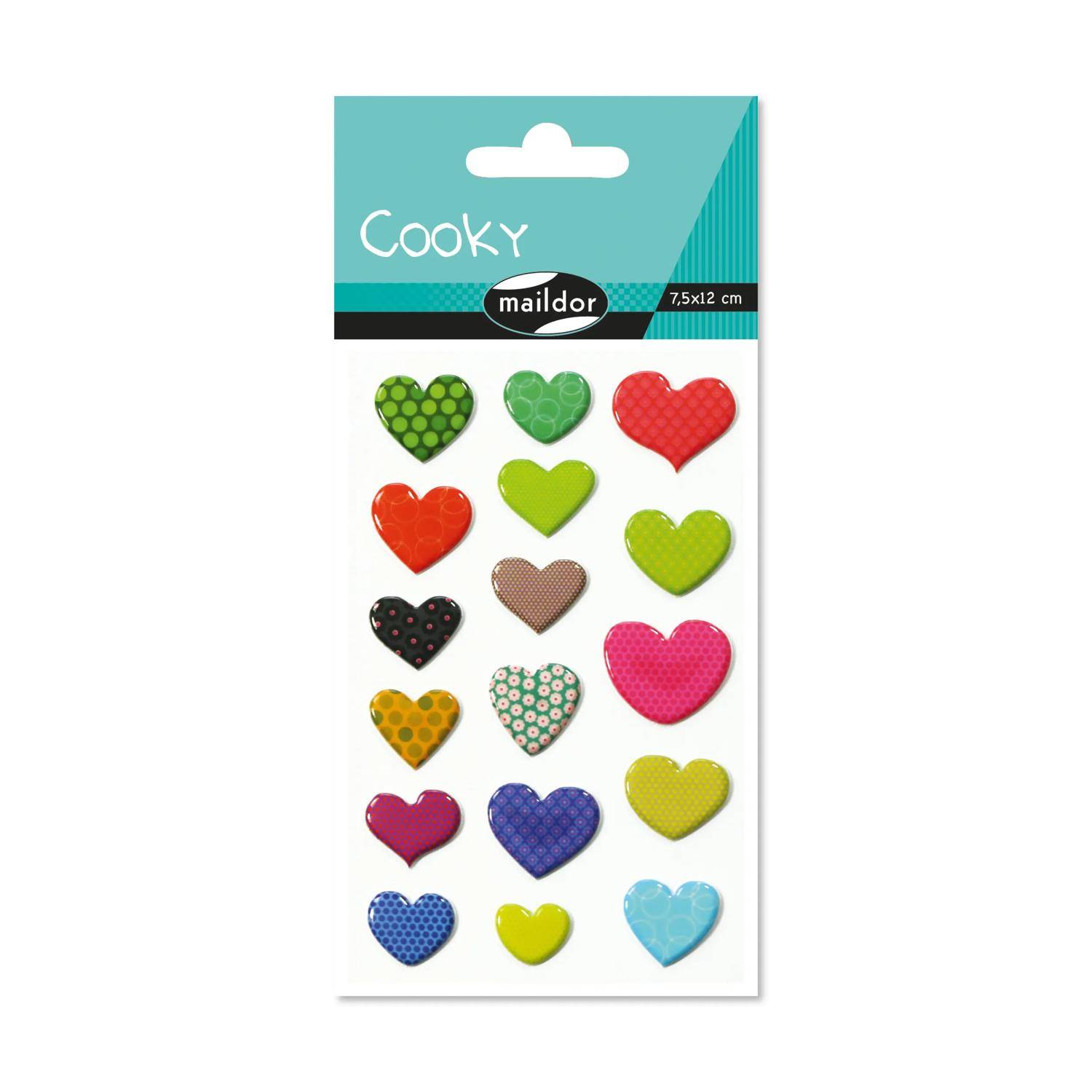 Maildor 10x Cooky, 1 Stickerbogen 7,5x12cm, Gemusterte Herzen Mehrfarbig CY001O