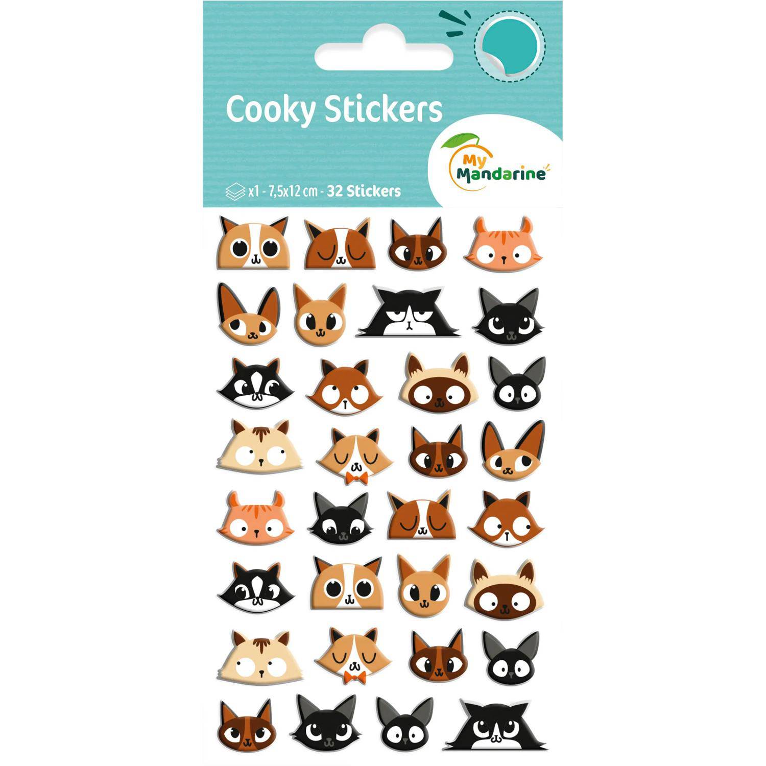 Maildor 10x Cooky, 1 Stickerbogen 7,5x12cm, Katzenköpfe - Mehrfarbig CY032O