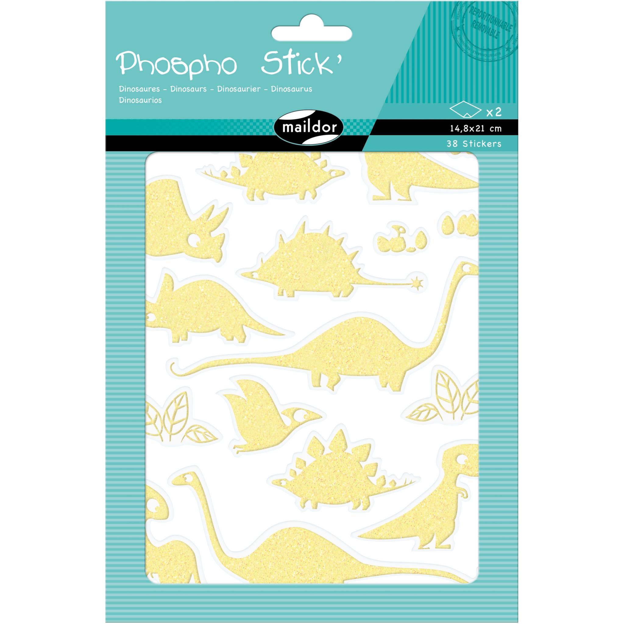 Maildor 10x Phospho' Stick, 2 Stickerbogen 14,8x21cm Dinosaurier Neongelb AE105O