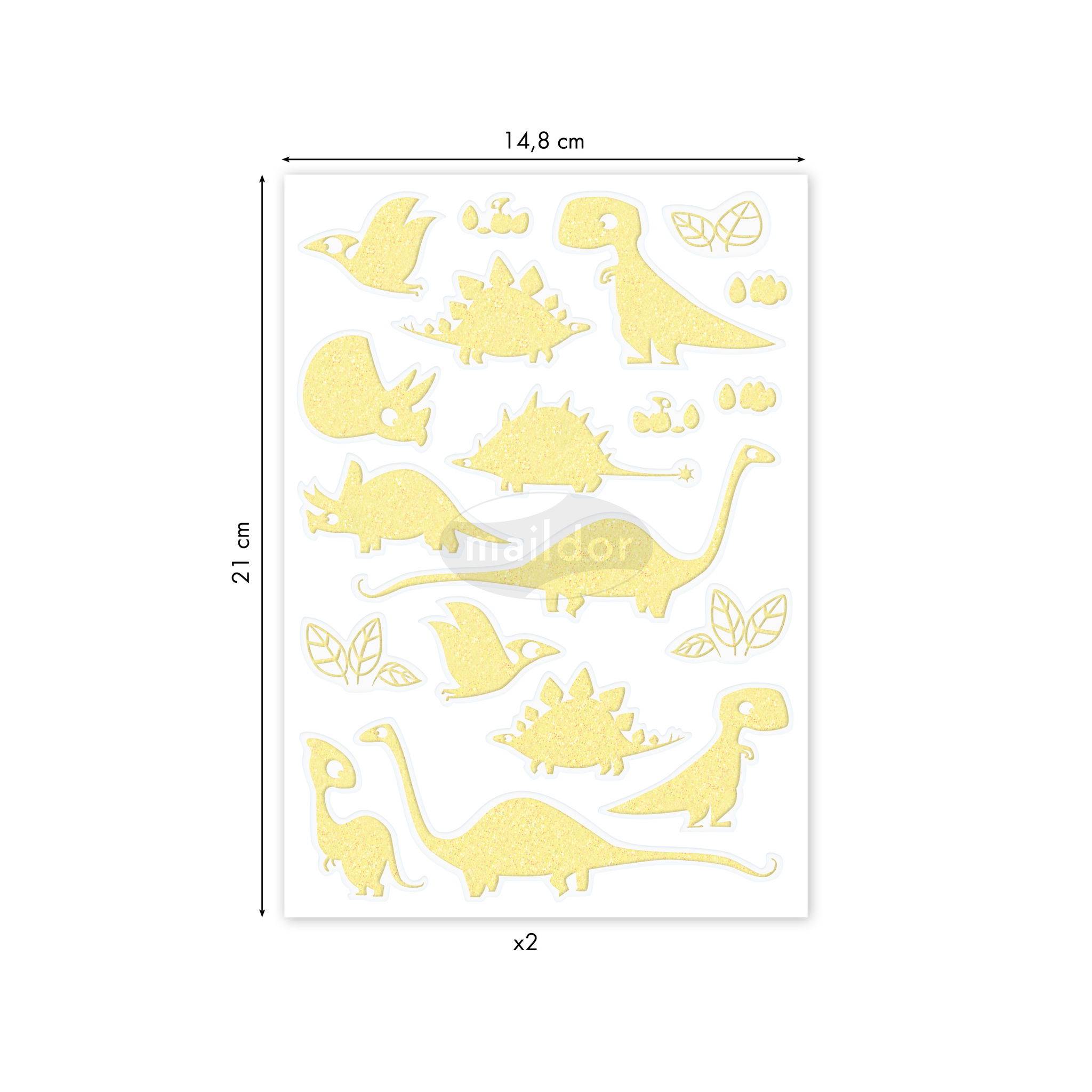 Maildor 10x Phospho' Stick, 2 Stickerbogen 14,8x21cm Dinosaurier Neongelb AE105O