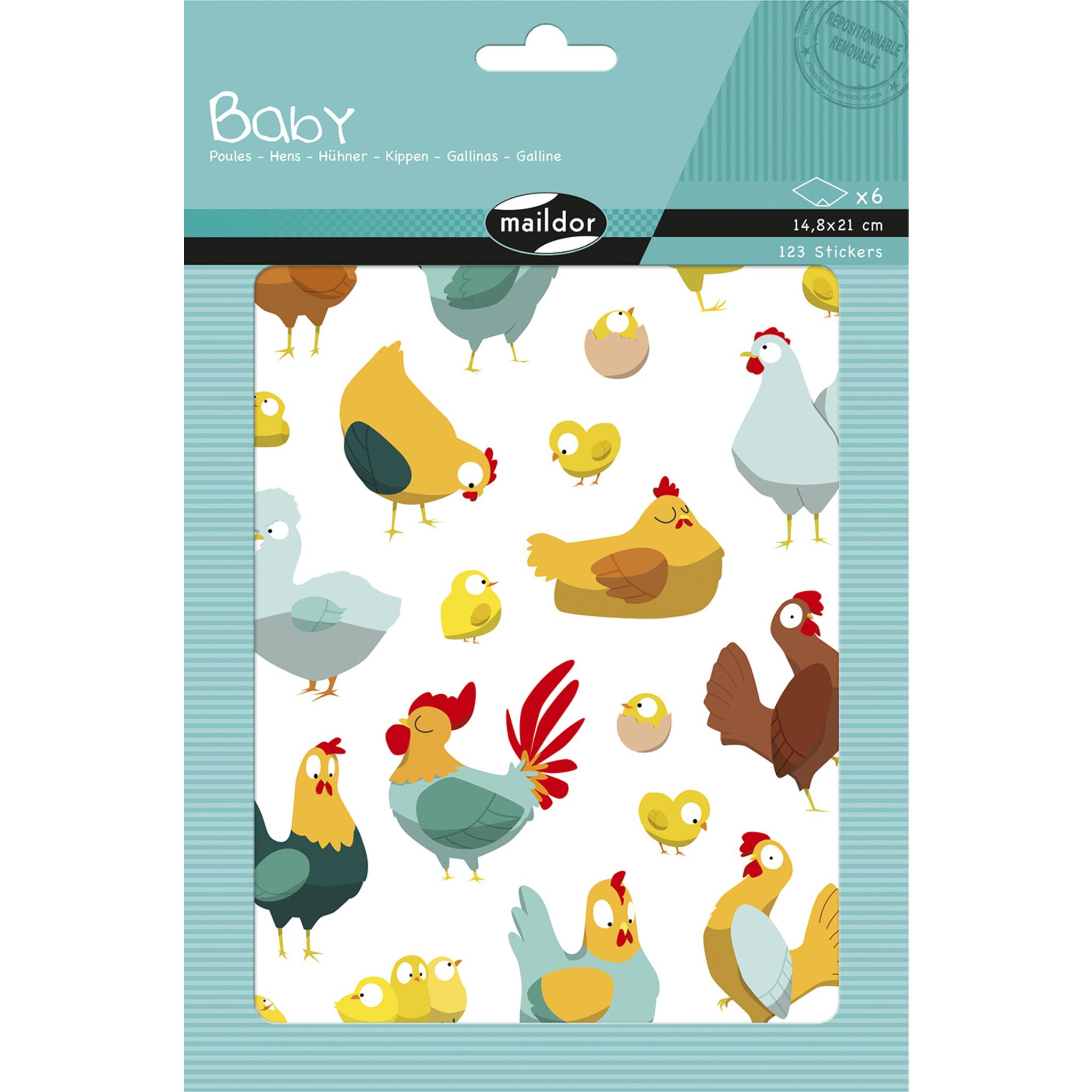 Maildor 10x Baby, 6 Stickerbogen 14,8x21cm, Hühner - Mehrfarbig AE211C