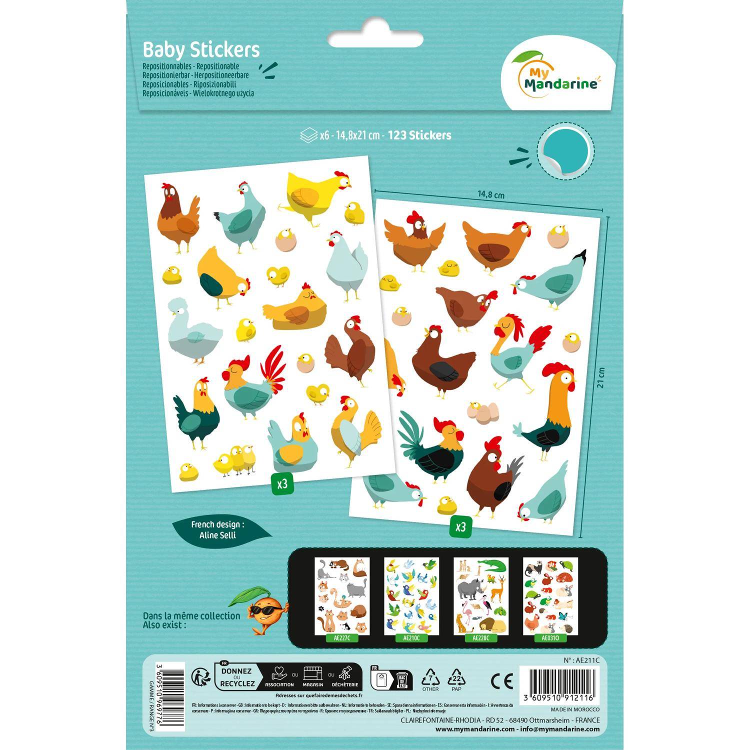 Maildor 10x Baby, 6 Stickerbogen 14,8x21cm, Hühner - Mehrfarbig AE211C